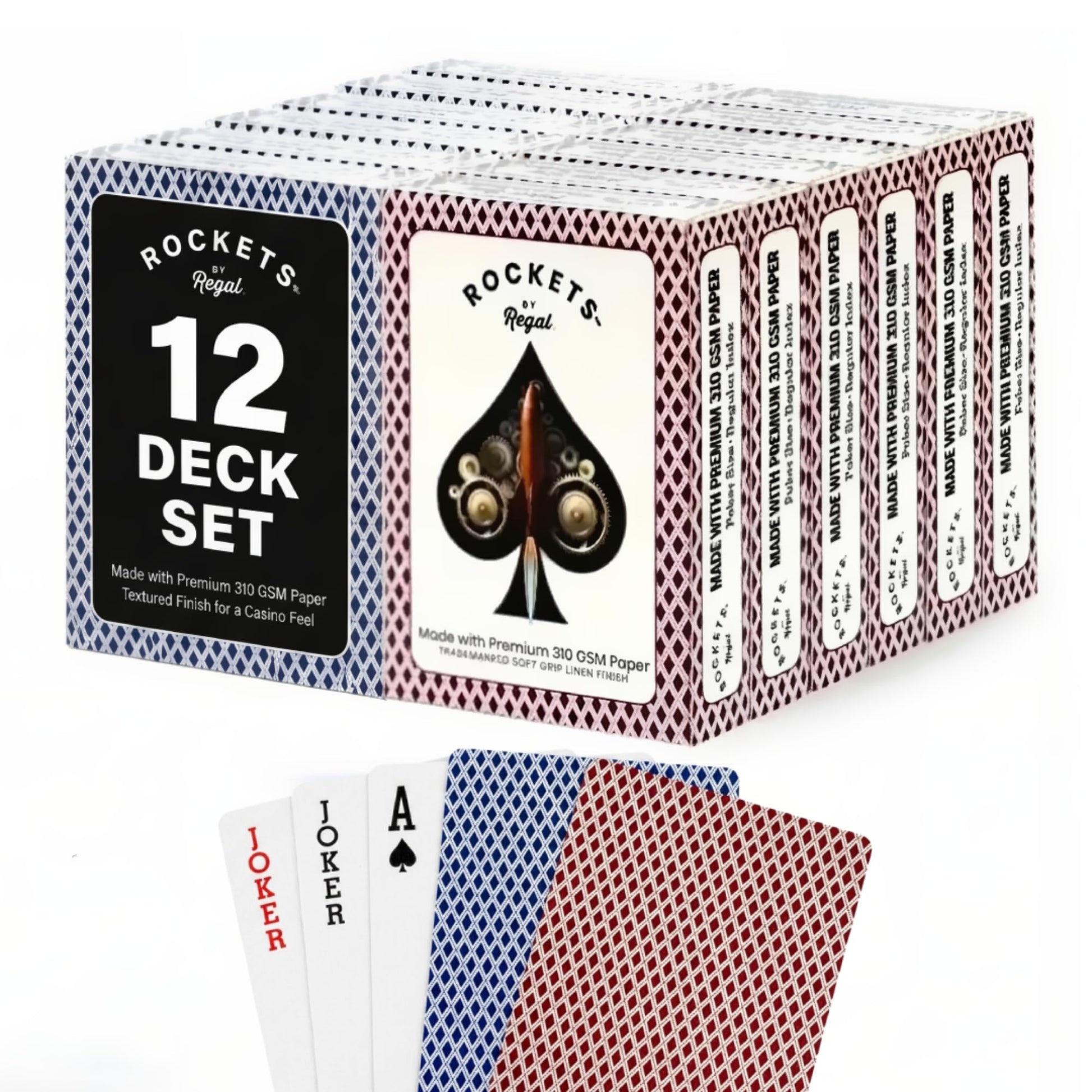 Regal Games [12 Decks] Rockets Bulk Playing Cards Set for Adults & Professionals - 310 GSM Linen Finish - Poker Cards for Blackjack, Euchre, Canasta