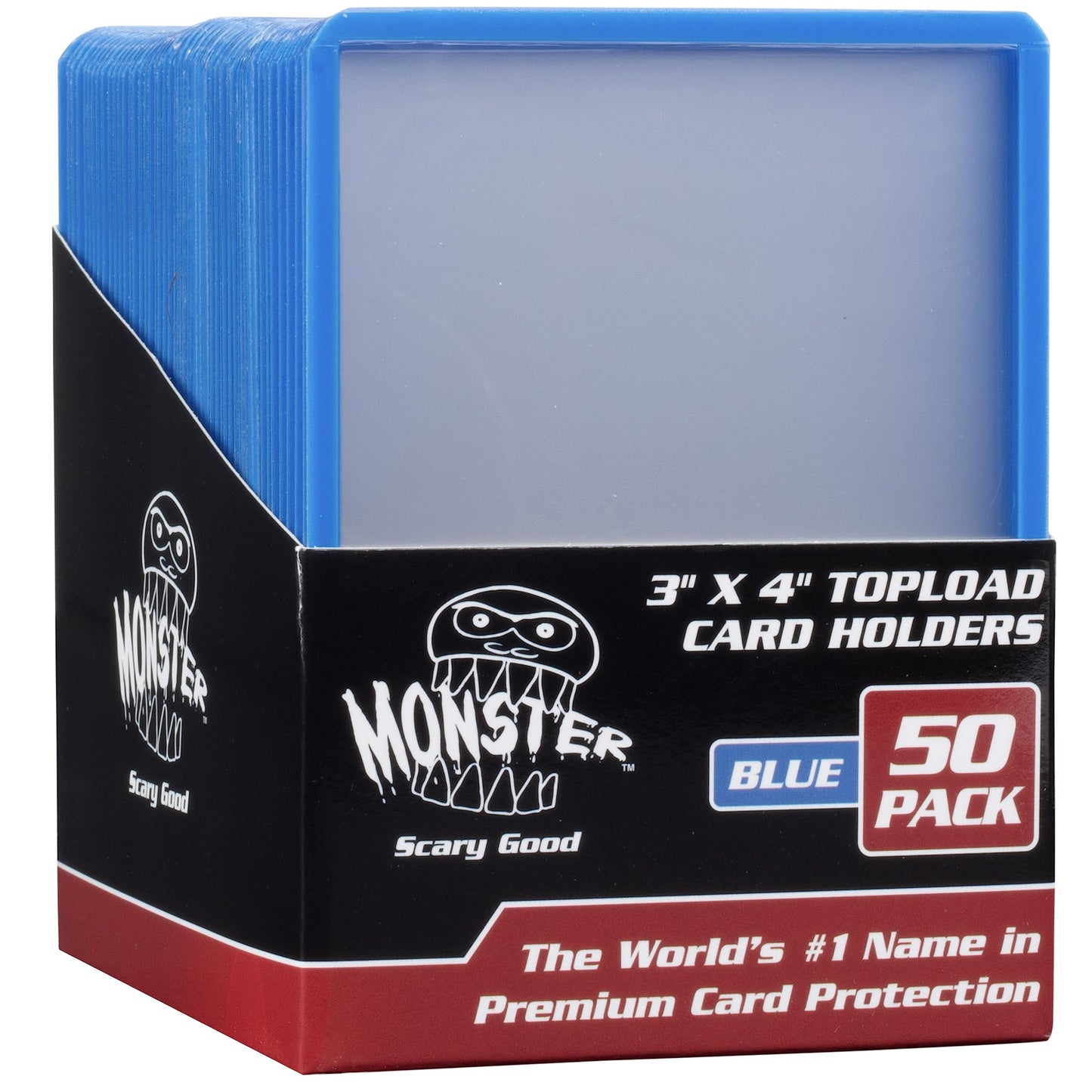 Monster Protectors Top Loaders Compatible with Pokémon & MTG Cards 50 Count Hard Plastic 3x4 Card Sleeves with Blue Border for Sorting, Fits Magic The