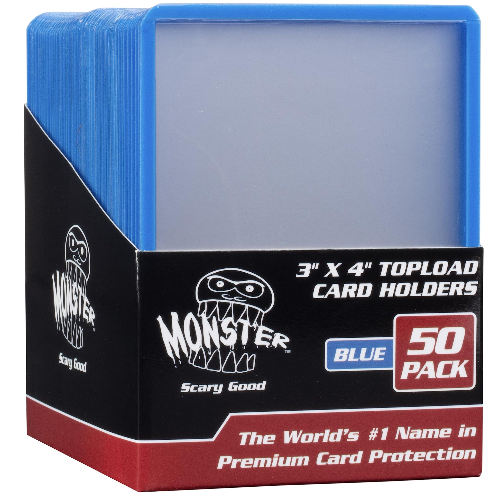 Monster Protectors Top Loaders Compatible with Pokémon & MTG Cards 50 Count Hard Plastic 3x4 Card Sleeves with Blue Border for Sorting, Fits Magic The