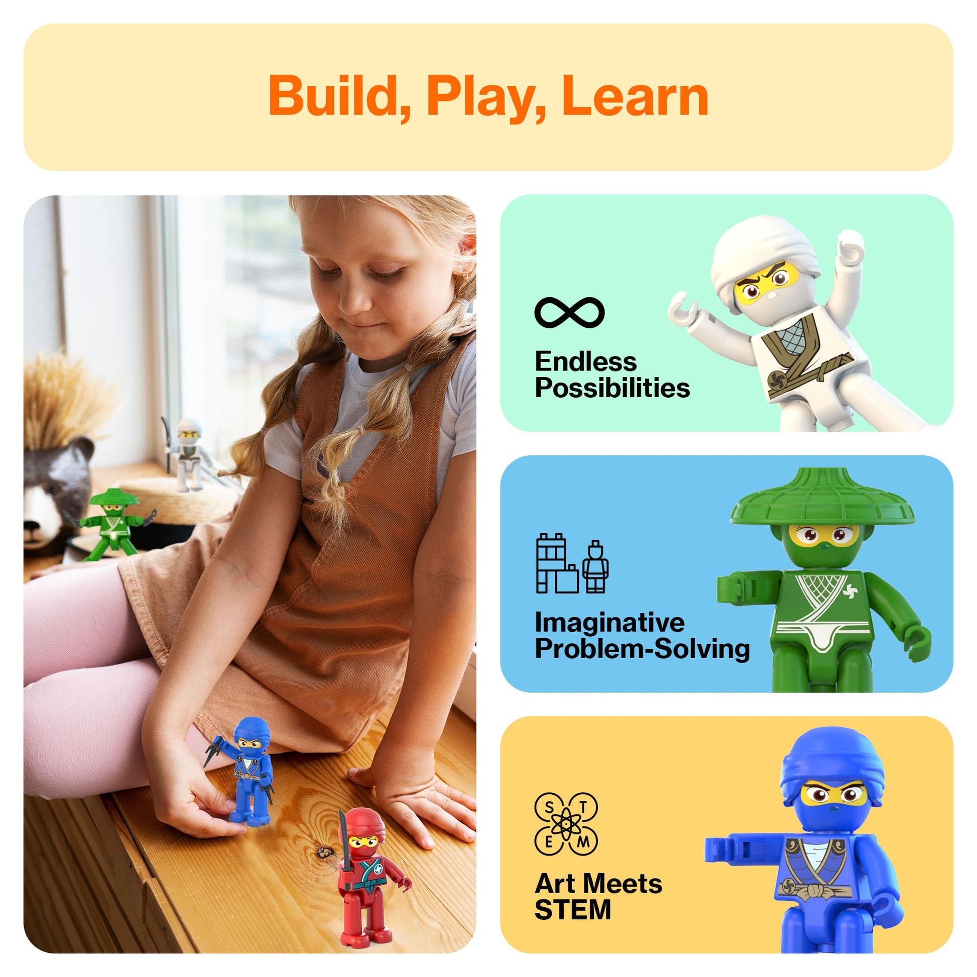 PicassoTiles Ninja Action Characters for Magnetic Tiles Building Block Toy Sets Accessory Add On Kit for Magnet Tile Playsets for Toddlers Boys Girls