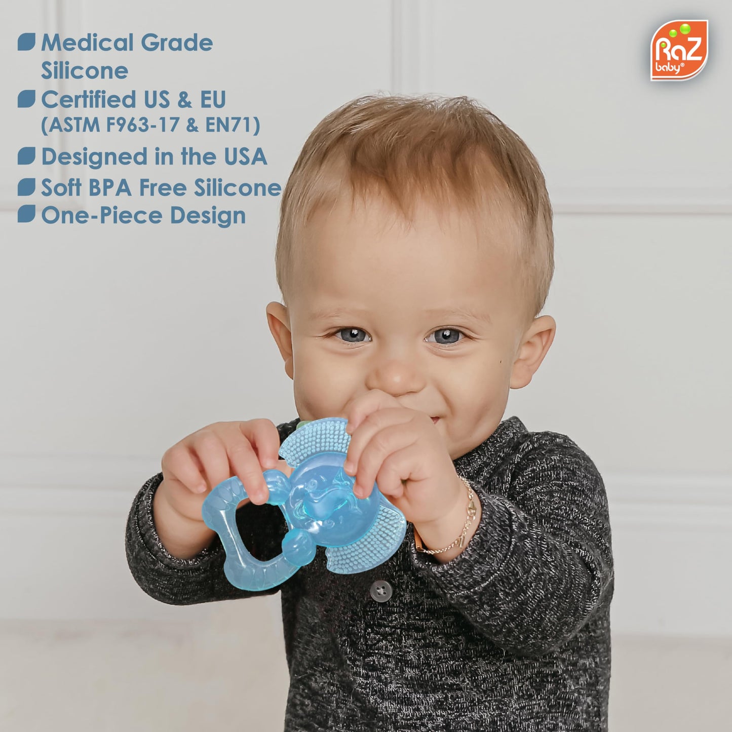 RaZbaby Elfy-Yummy Teether: Teething Relief Toy - Elephant Design, Medical Grade Silicone with Ultra Soft Bristle to Soothe Teething Discomfort