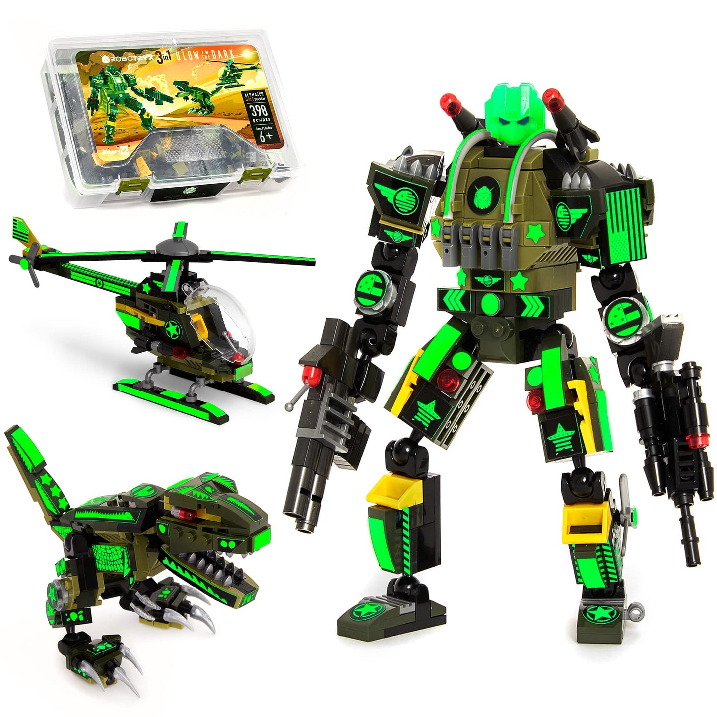 JITTERYGIT Robot Army Buildable Mech Soldier Glow in The Dark Gift Toy Set, Helicopter Military Creative STEM Project, Dinosaur Building Bricks Kit