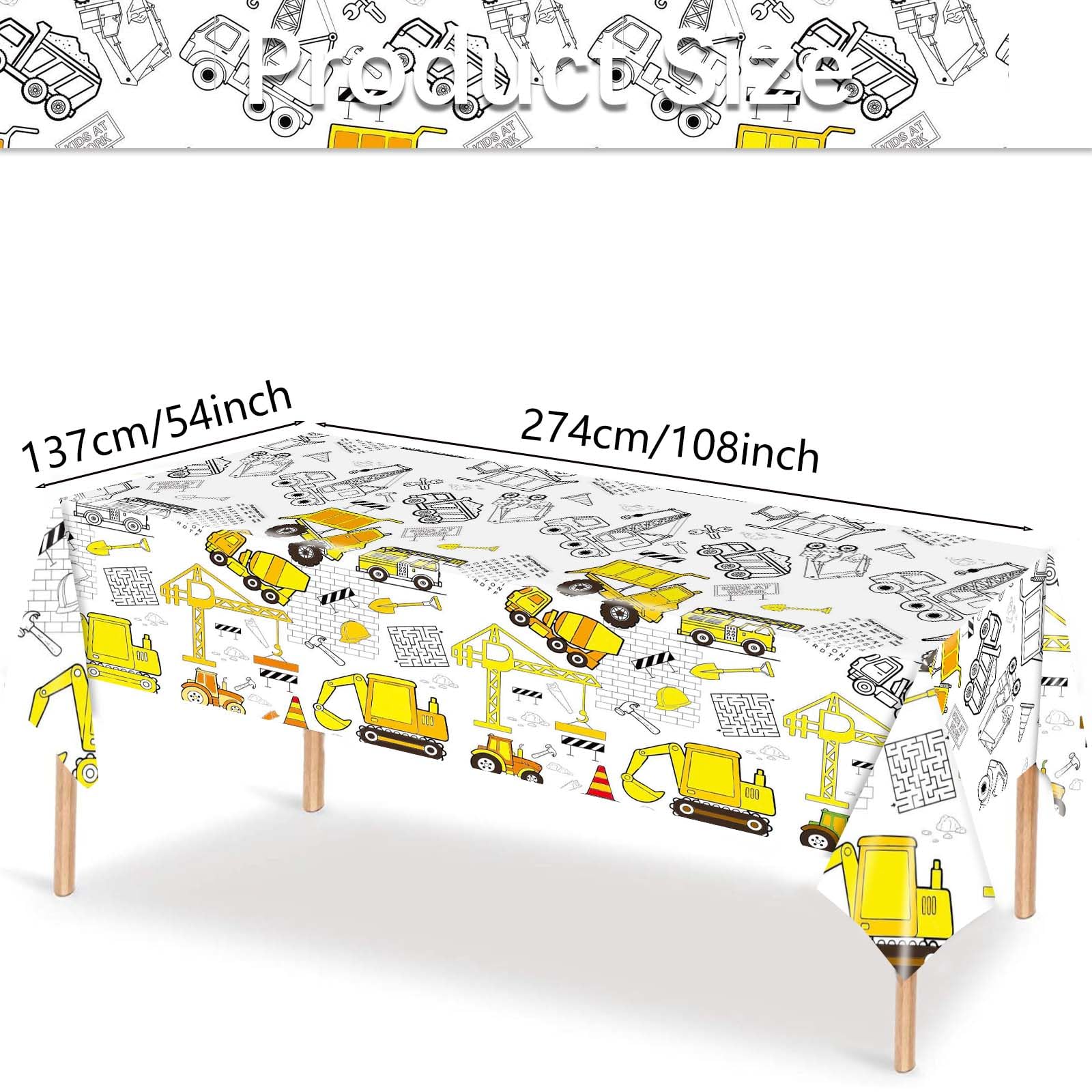 Broeify Giant Construction Coloring Tablecloth - 54"x108" Disposable Paper Table Cover Poster with Excavators, Dump Trucks, and Cranes for Birthday