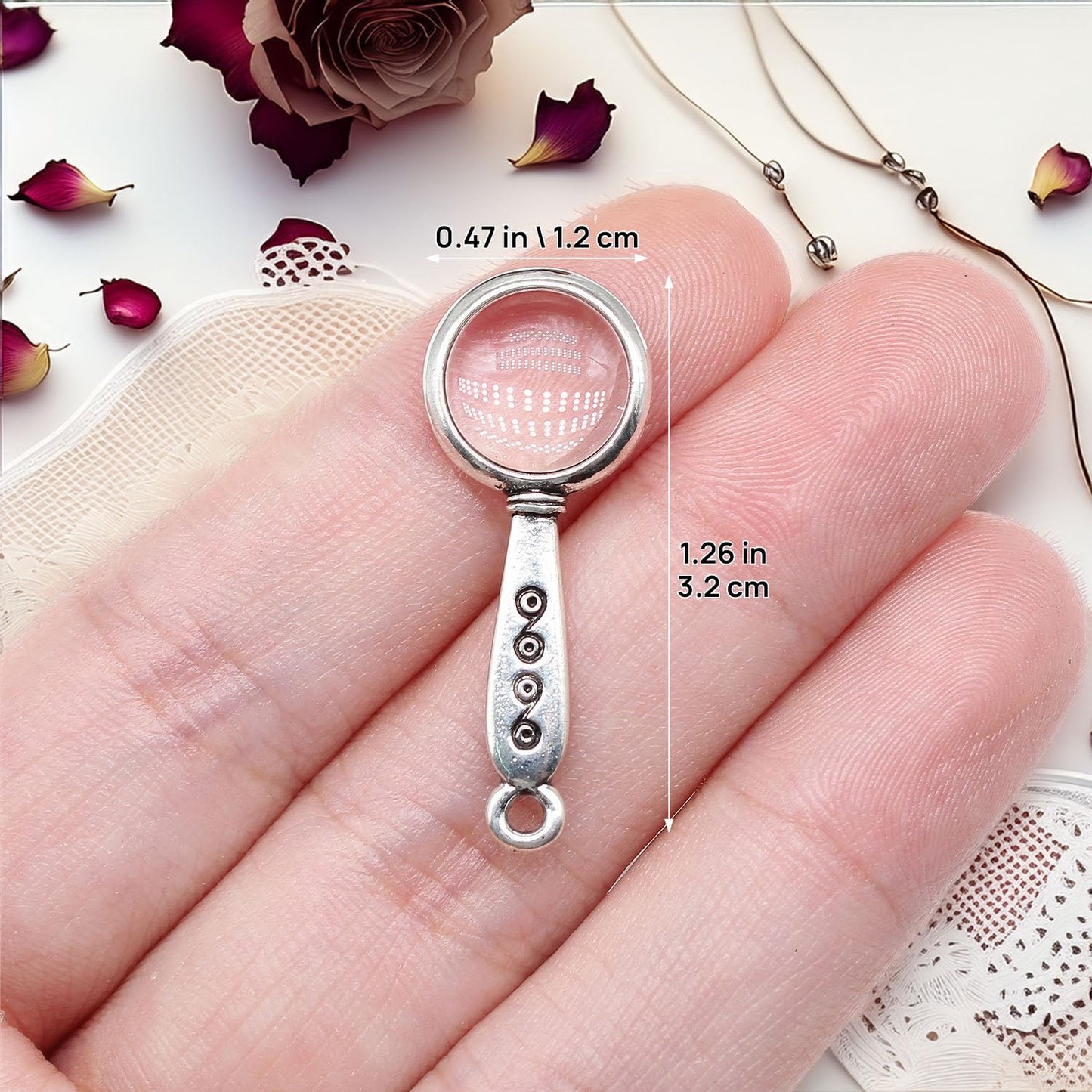 Set of 5 Miniature Magnifying Glasses (1:12 Scale): Vintage Silver Alloy Reading Glass w/Functional Lens, Etched Handle for Dollhouse Study, Desk