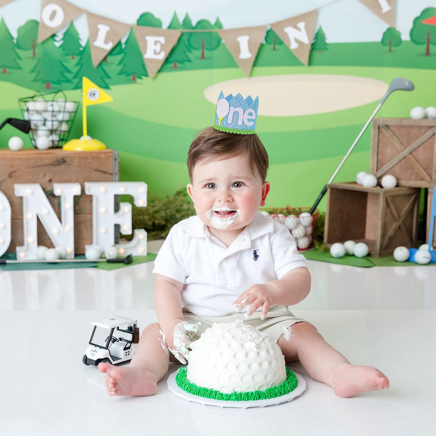 Boys Golf 1st Birthday Party Hat - Cake Smash Hat, Light Blue Stripes, Golf Cart Decal, Our Little All Star, Tee Time Pack