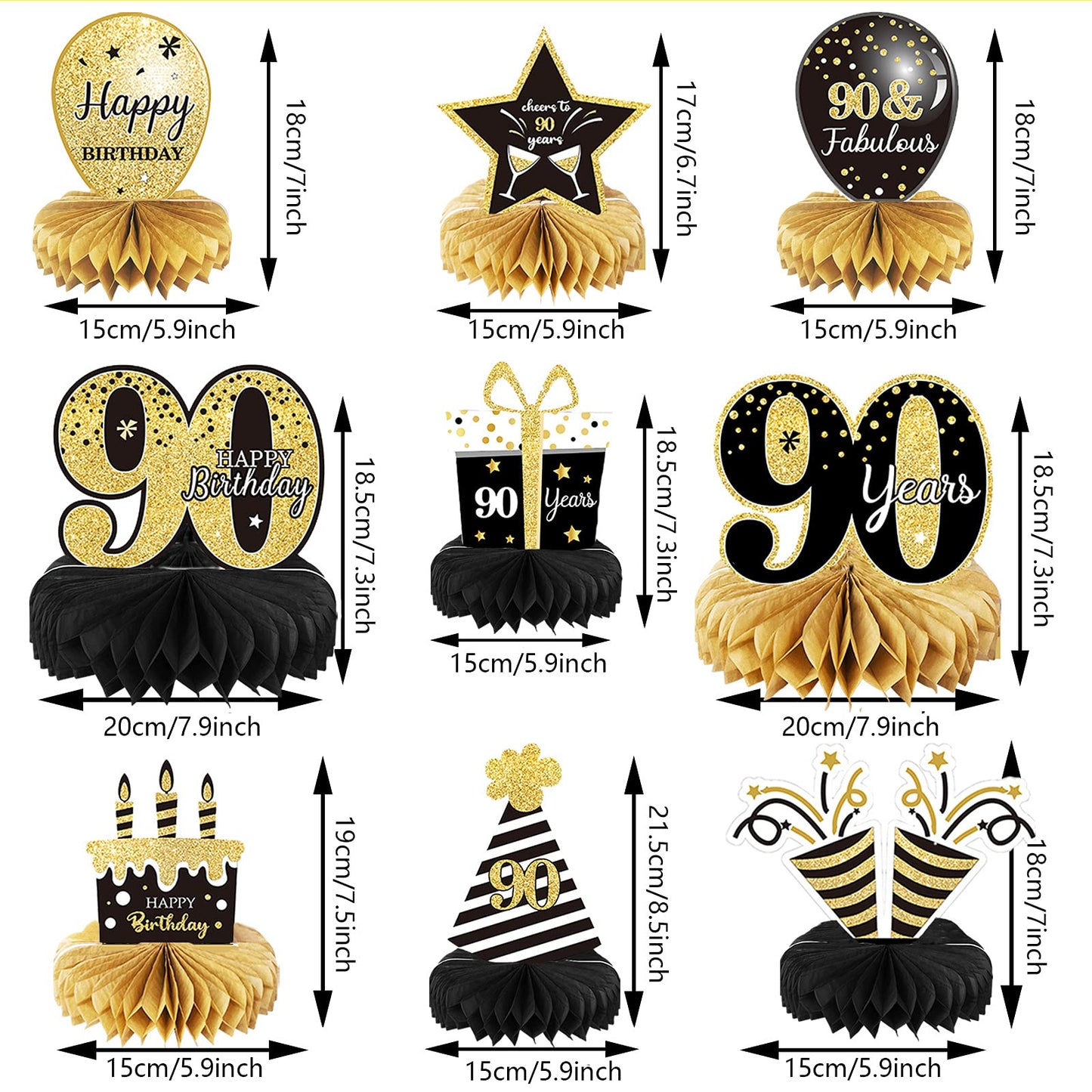 9 Pieces 90th Birthday Decoration 90 th Birthday Centerpieces for Tables Decorations Cheers to 90 Years Honeycomb Table Topper for Men and Women