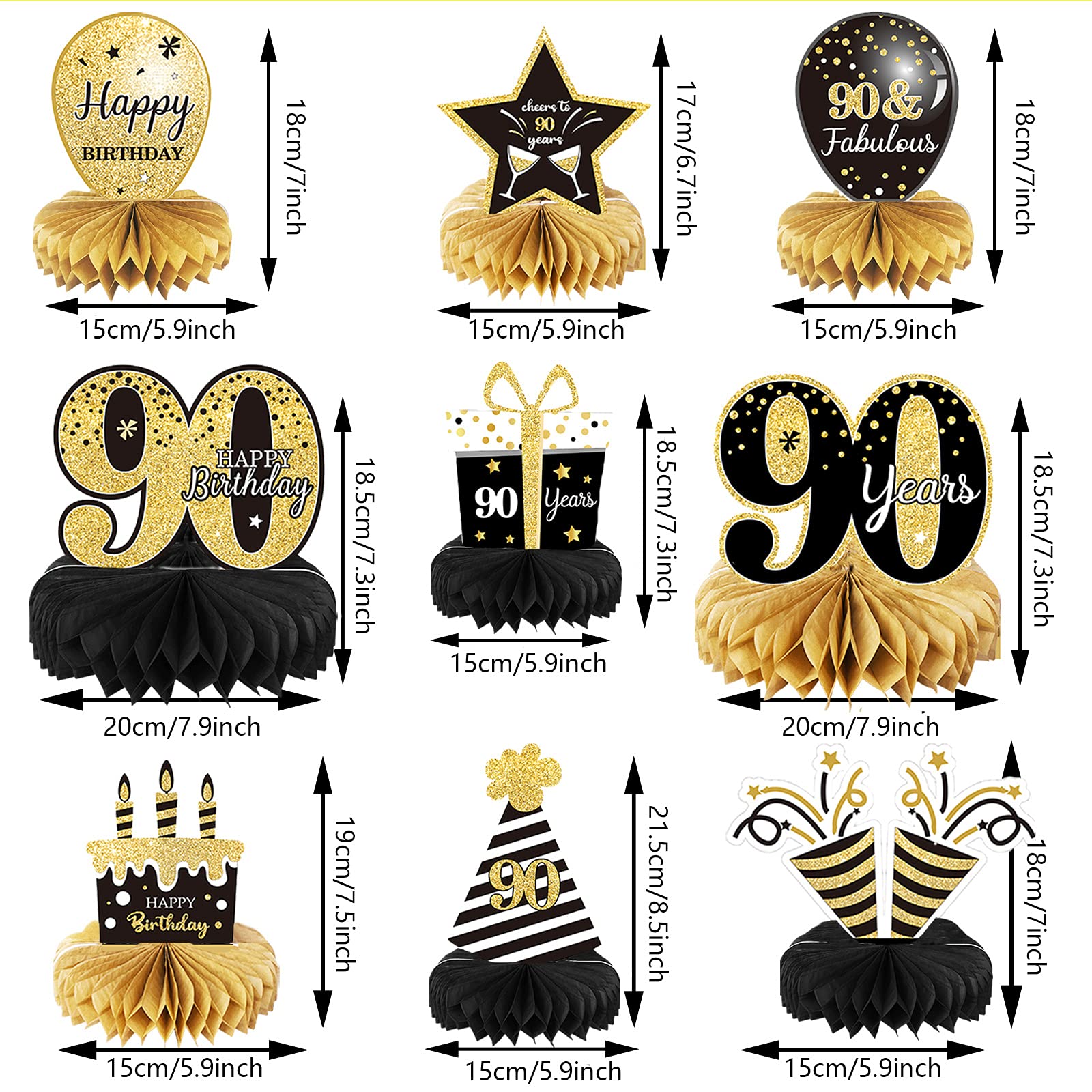 9 Pieces 90th Birthday Decoration 90 th Birthday Centerpieces for Tables Decorations Cheers to 90 Years Honeycomb Table Topper for Men and Women