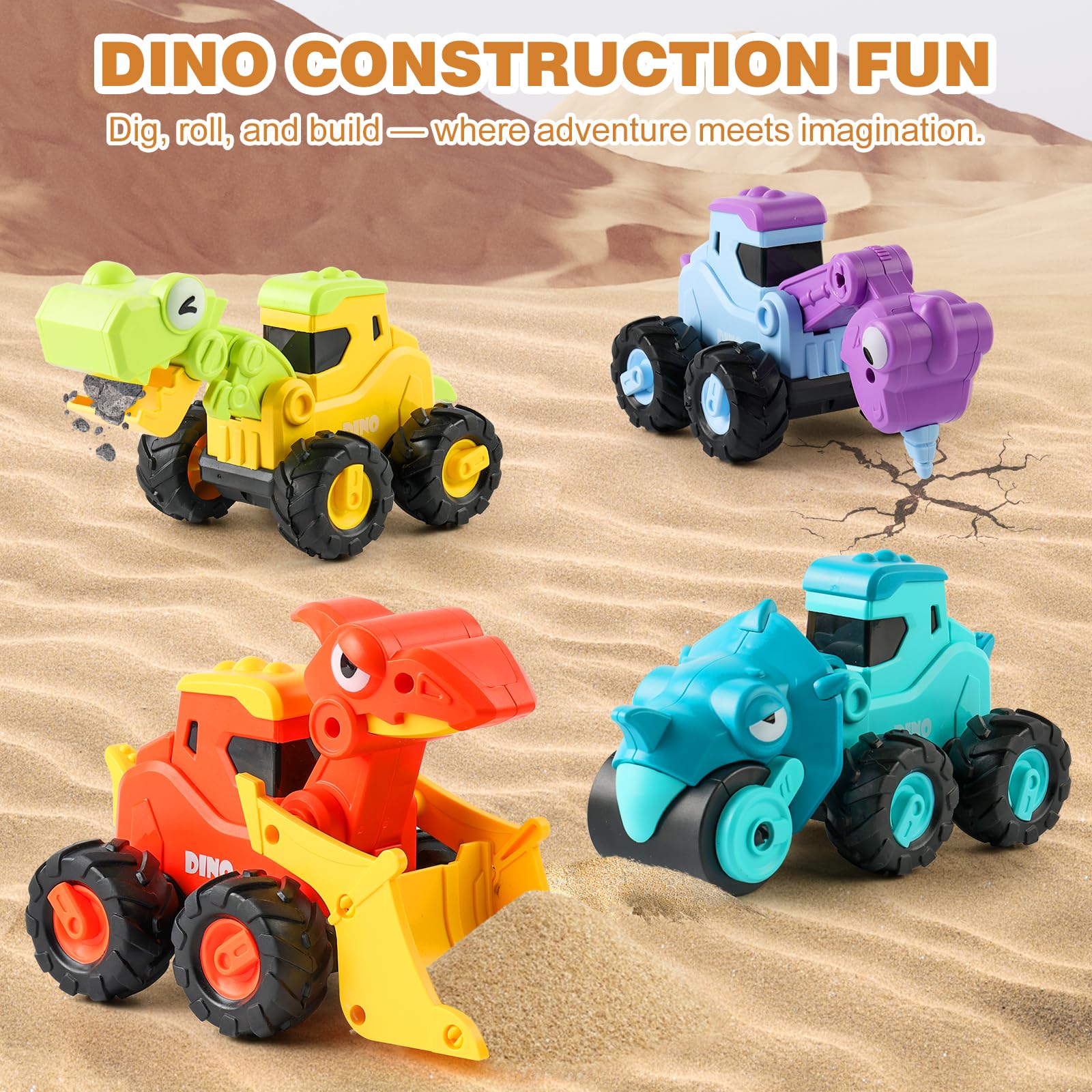 Dinosaur Push Cars for Toddlers 1-3 - 4 Pack Press & Go Dino Vehicles with T-Rex, Triceratops, Raptor & Brachiosaurus, Friction Powered Baby Car Toys