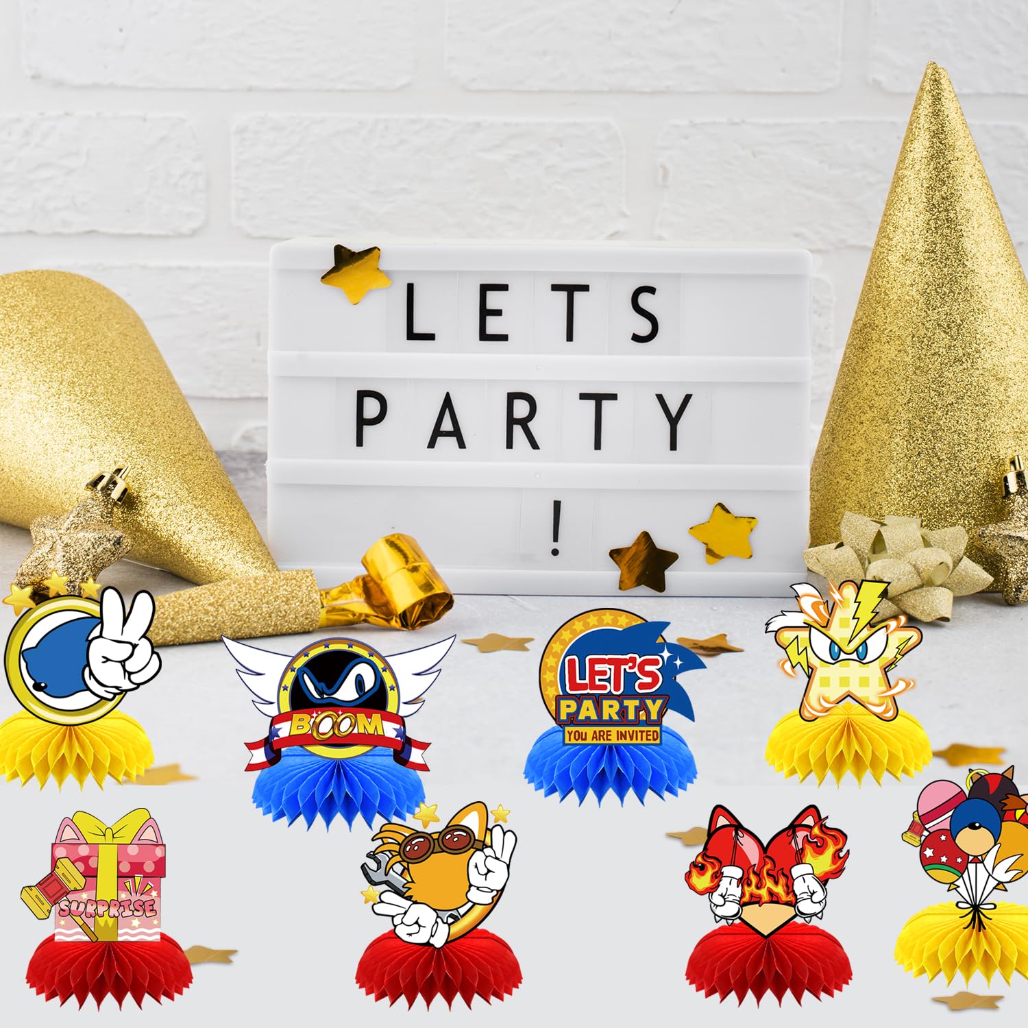 8Pcs Blue Hedgehog Party supplies set Honeycomb Centerpieces Double Sided Table Topper for Birthday Decorations