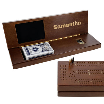 WE Games Custom Engraved Wooden Cribbage Game Set Walnut Stain, Continuous 3 Track for 2-3 Players, Travel Cribbage Board with Card Storage, Classic