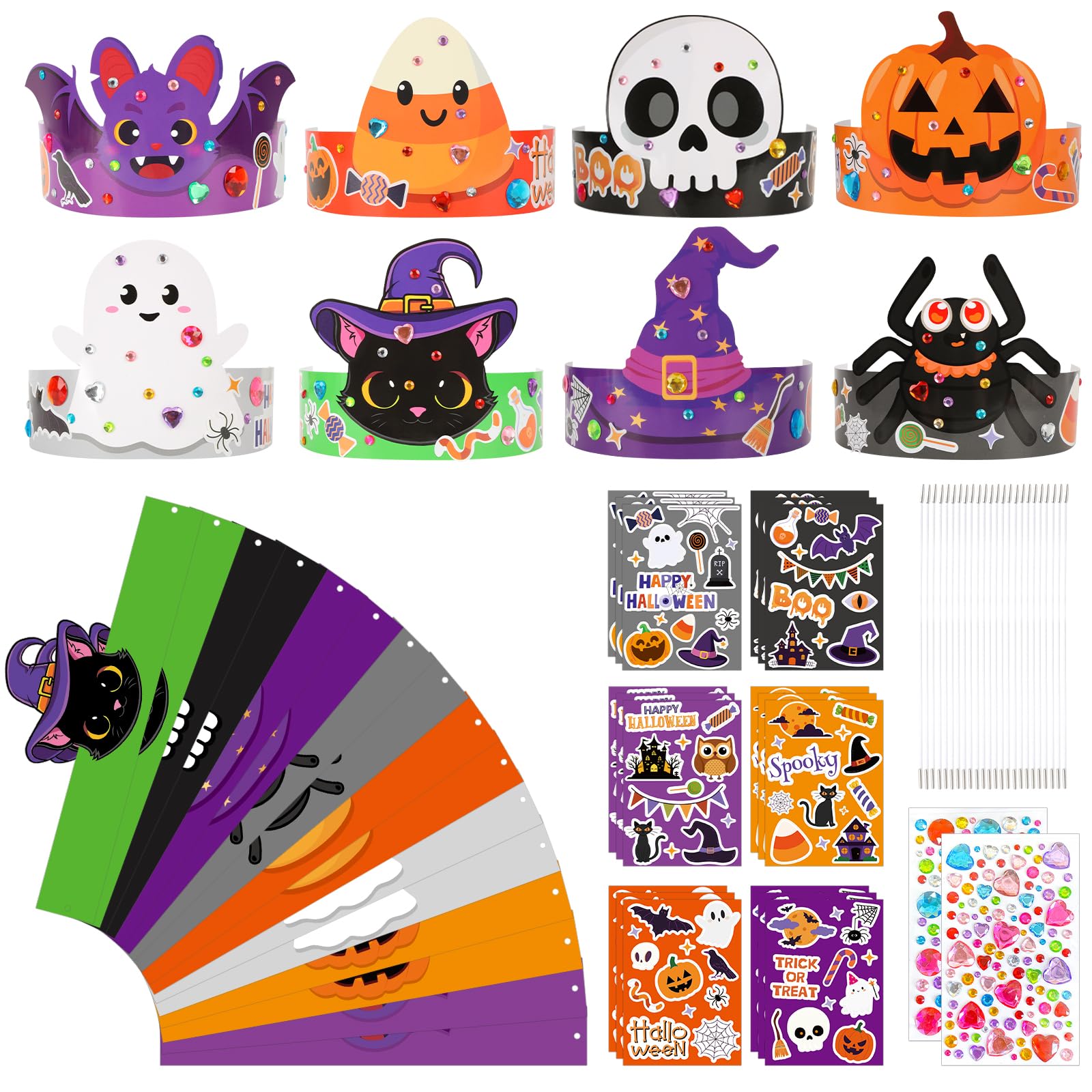 Sealmic 24 Set Halloween Crown Headband Paper Adjustable Hats with Elastic Bands with Themed Stickers Activities Party Favors Pumpkin Ghost Bat