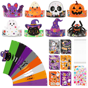 Sealmic 24 Set Halloween Crown Headband Paper Adjustable Hats with Elastic Bands with Themed Stickers Activities Party Favors Pumpkin Ghost Bat