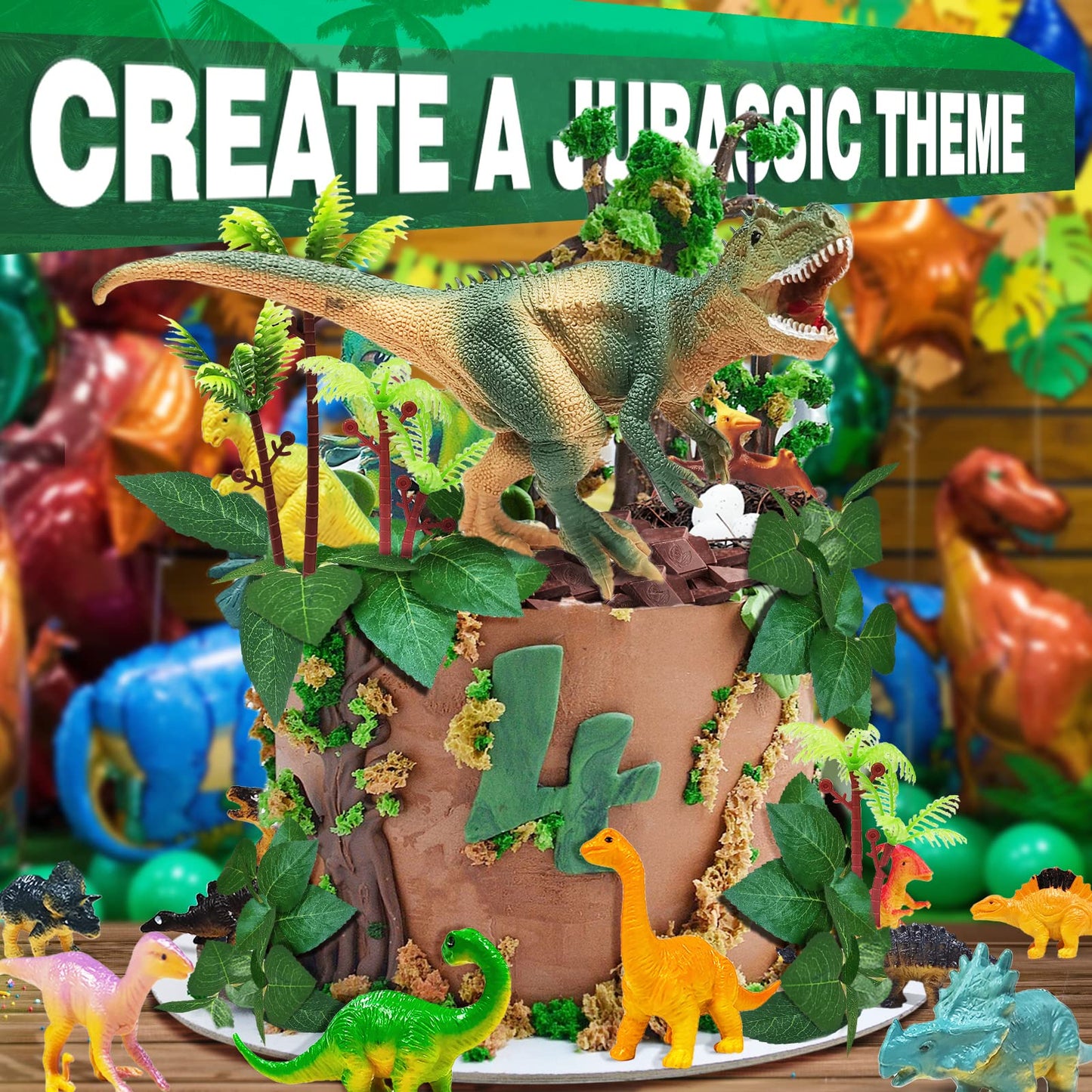 GLAHORSE 26 PCS Dinosaur Cake Toppers With Dinosaur Eggs Leaves Trees Cake Decorations For Birthday Party,dinosaur Themed party, Wild Animals