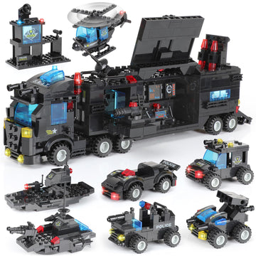 1110 PCS SWAT City Police Set Cop Car Building Set with Helicopter, Boat, Police Station, Mobile Command Center Truck Toys in 25 Different Models