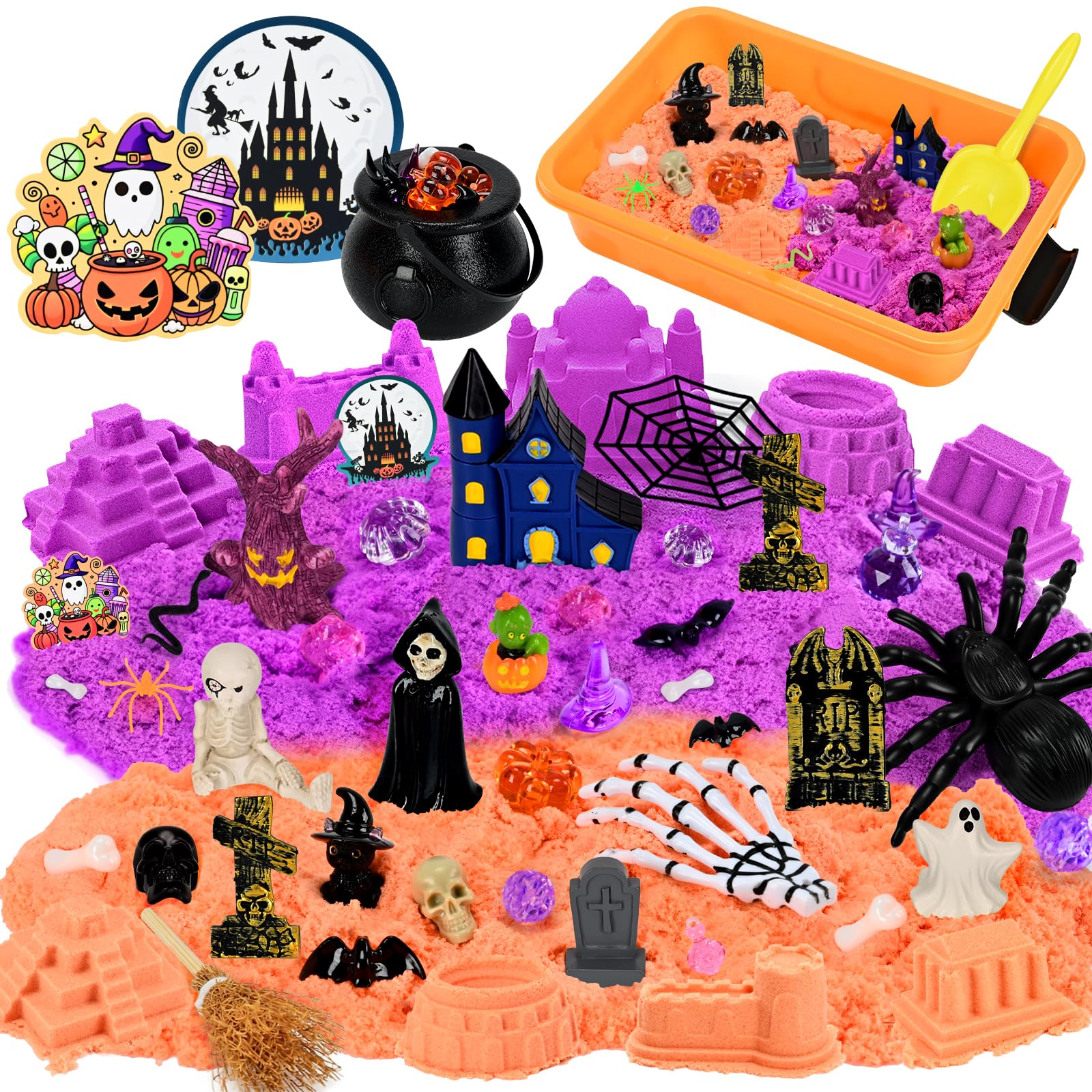Halloween Sensory Bin Sandbox Set for Kids, Play Sand Art Kit with 2.2 lbs Magical Sand, Sandbox with Sensory Toys, Castle Moulds, for Toddlers, Girls