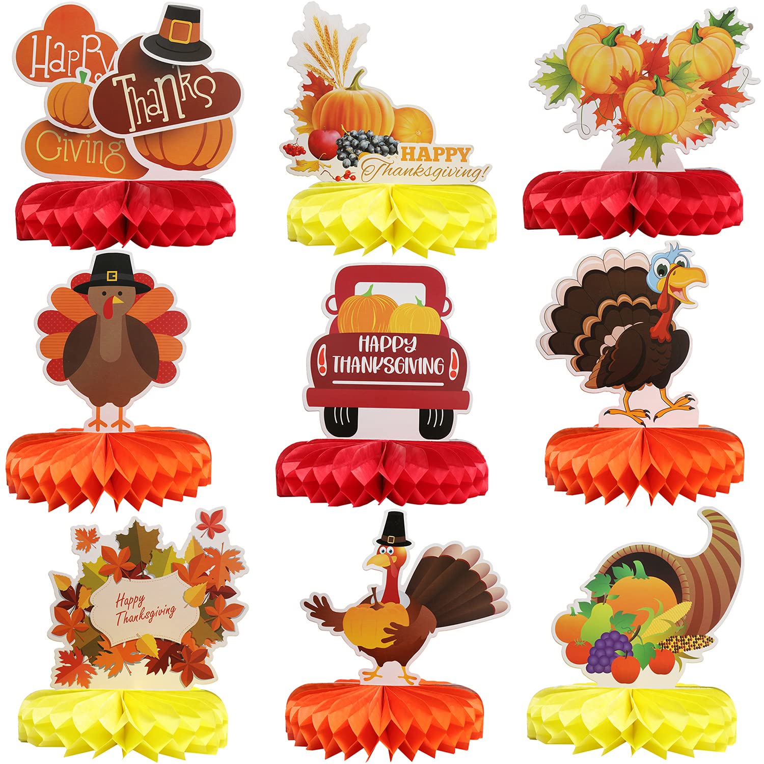 9 Pieces Thanksgiving Honeycomb Centerpiece Turkey Honeycomb Pumpkin Honeycomb Thanksgiving Table Centerpiece for Thanksgiving Table Decoration Autumn