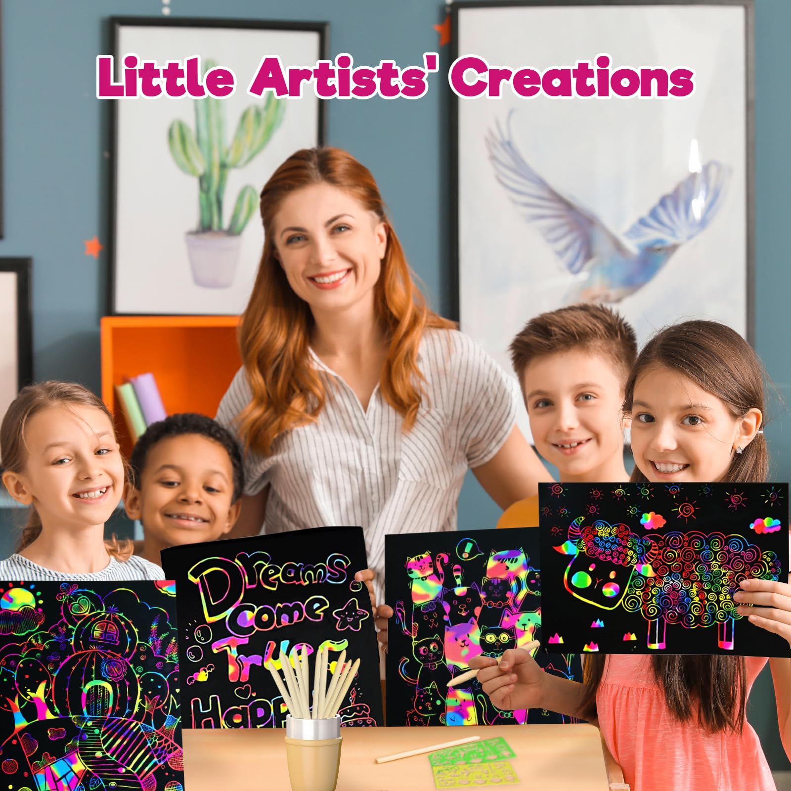 ZMLM Scratch Paper Art Crafts Kids Gifts, 100PCS Rainbow Scratch Paper Art for 3 4 5 6 7 8 9 Years Old Girls Boys, Arts and Crafts for Kids 4-6