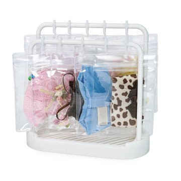 Treayes Doll Clothes Organizer with 20 PVC Clear Bags - Detachable Hanging Rack with Tiered Design & 20 Hooks, Wardrobe Storage for 7 Inch Fashion