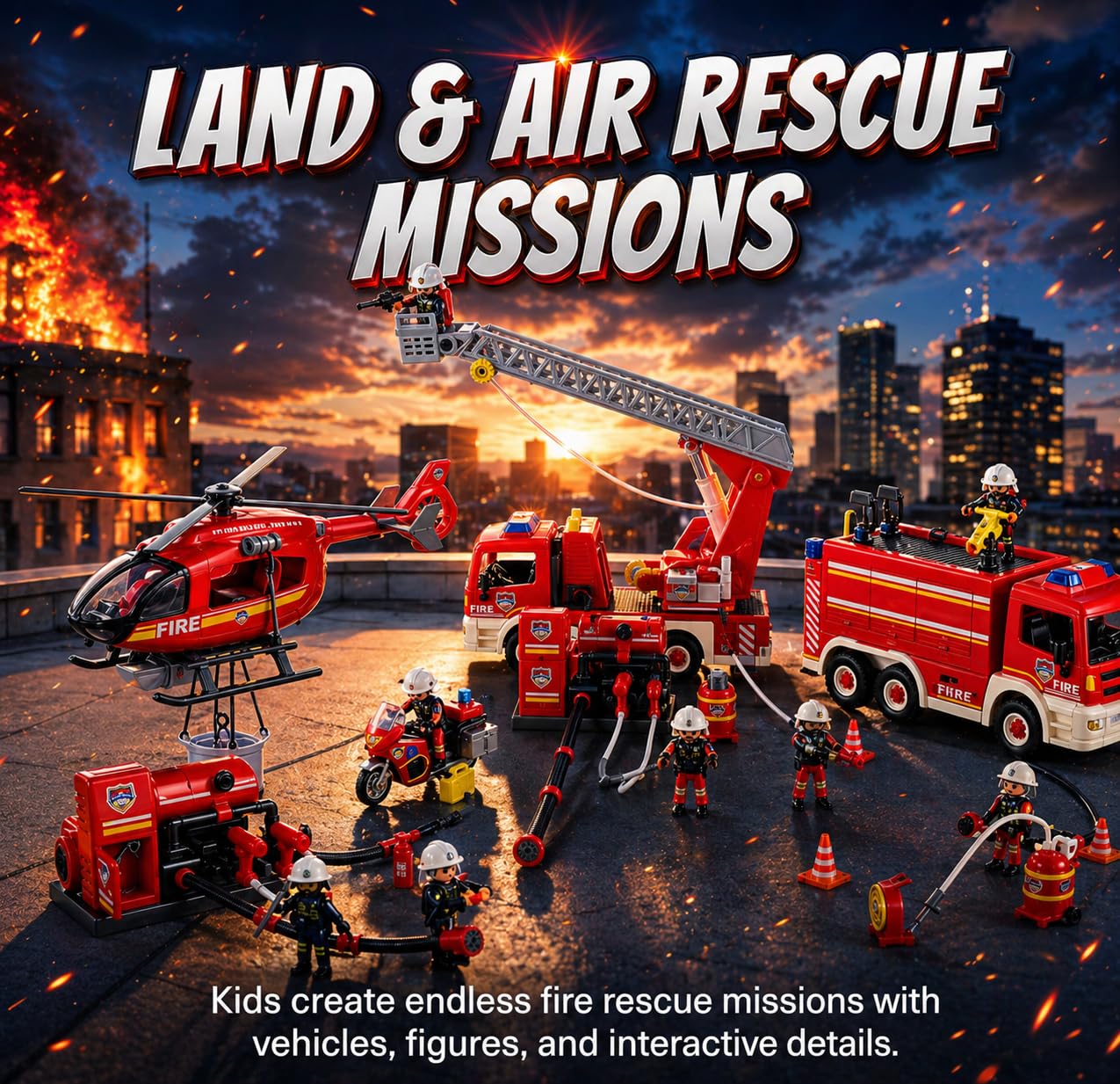 Tiny Force Fire Rescue Set - Fire Truck with Ladder, Toy Helicopter, Motorcycle & Fire Water Pump, Emergency Pretend Play Toys for Kids & Toddlers