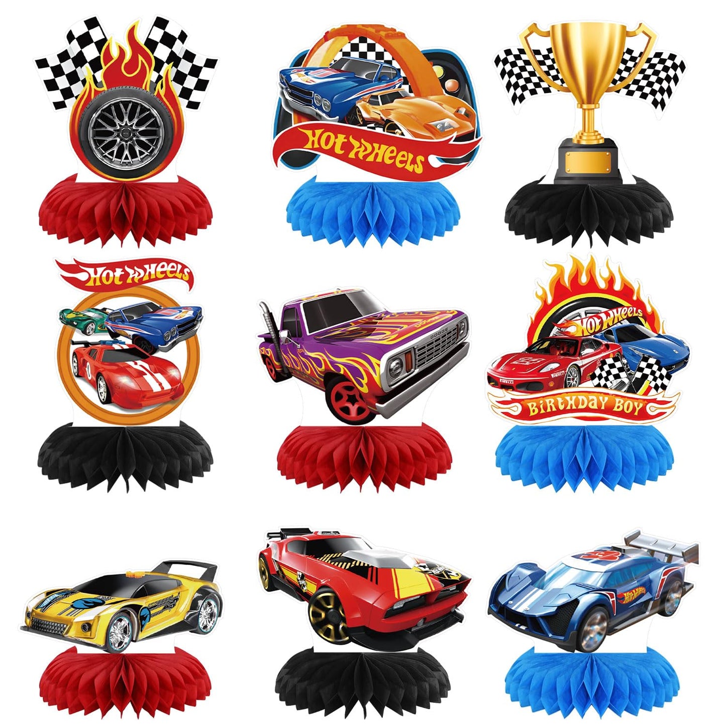 Hot Cars Party Decorations Honeycomb Centerpiece, 9 Pieces Race Car Themed 3D Double Side Cake Toppers Table Centerpieces, Cartoon Photo Backdrop