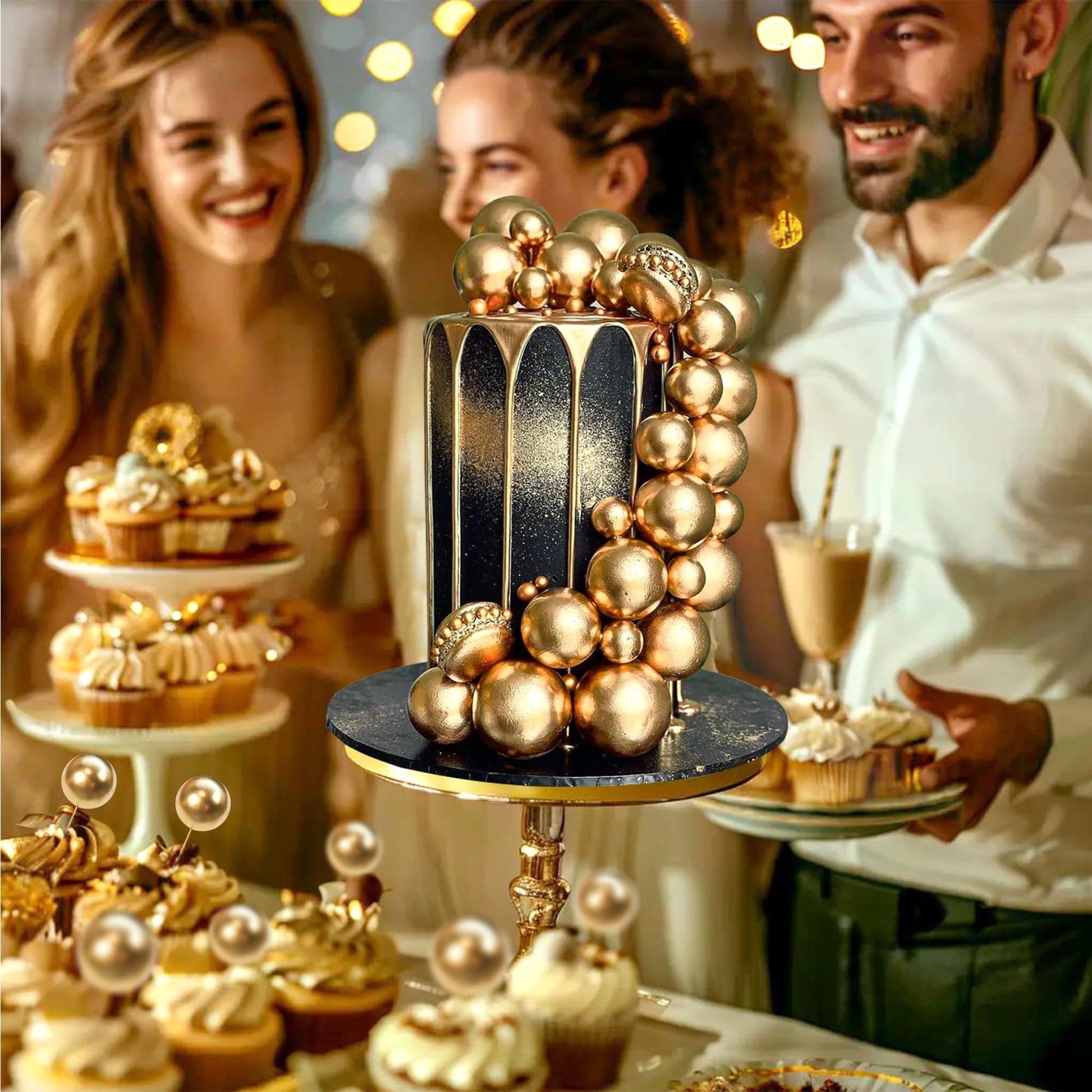 66 PCS Ball Cake Picks Gold 4 Sizes for DIY Baking Decoration Cupcake Toppers and Wedding Anniversary Birthday