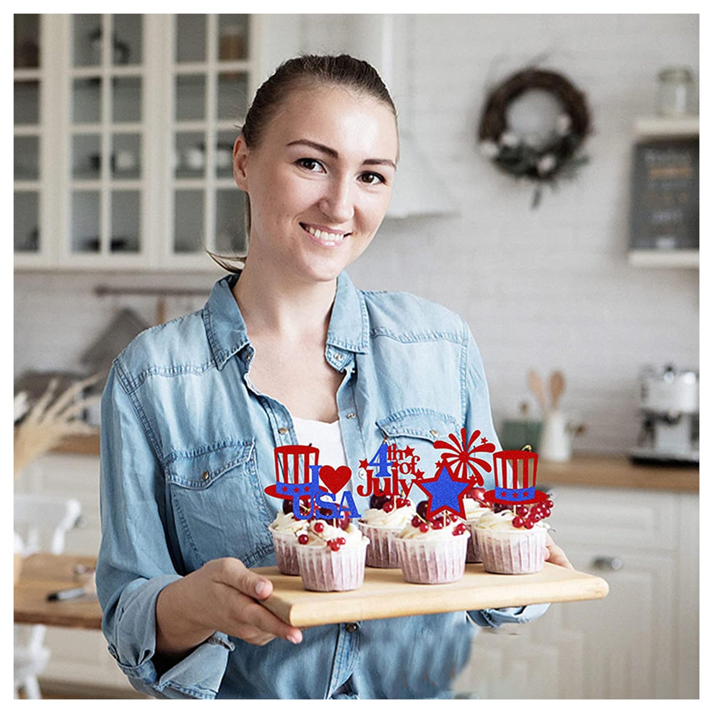 YuBoBo 4th Of July Gillter Cupcake Toppers Decorations Patriotic Independence Day Party Supplies Cake Dessert Ice Cream Toppers Accessories