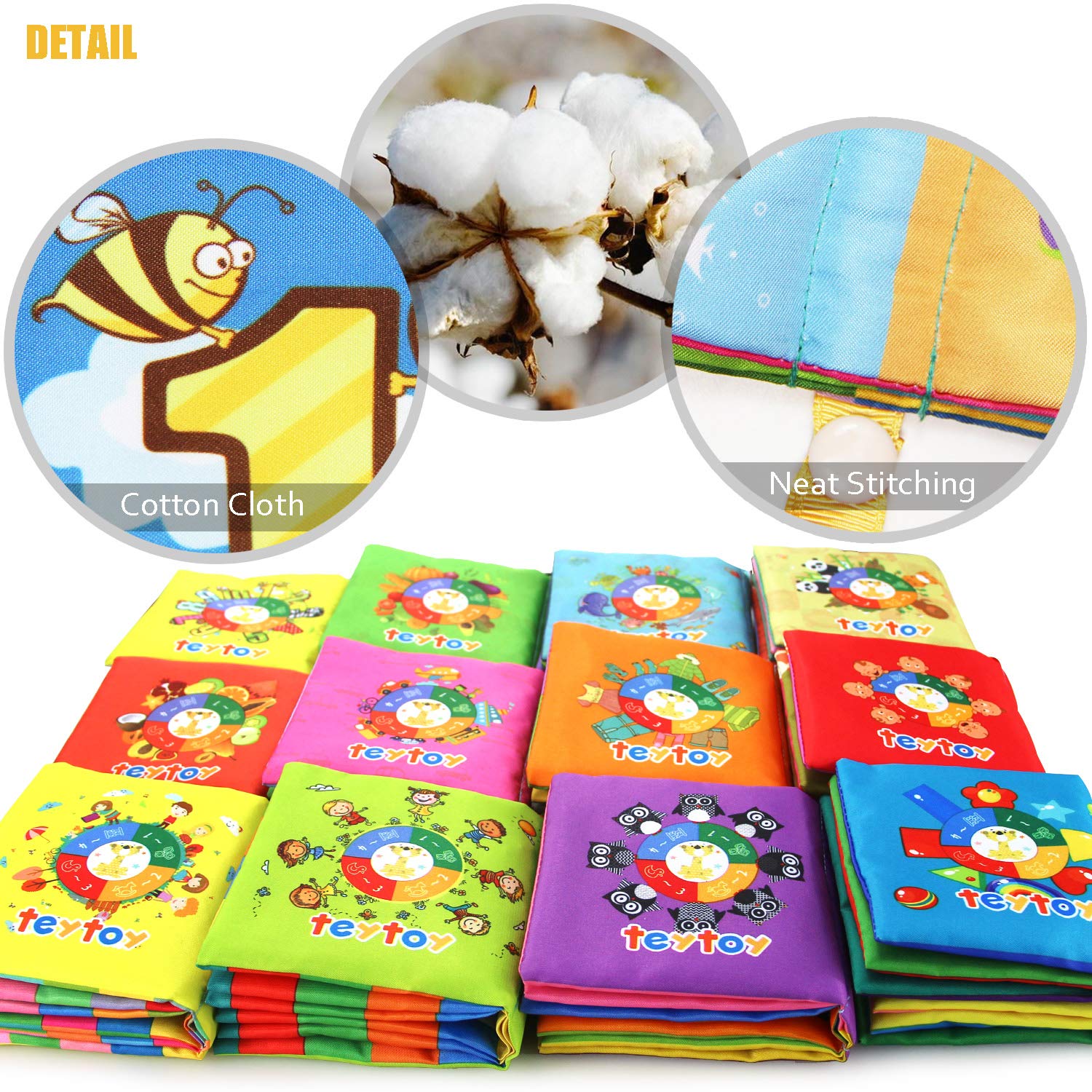 My First Soft Book,teytoy Nontoxic Fabric Baby Cloth Activity Crinkle Soft Books for Infants Boys and Girls Early Educational Toys (Pack of 12)