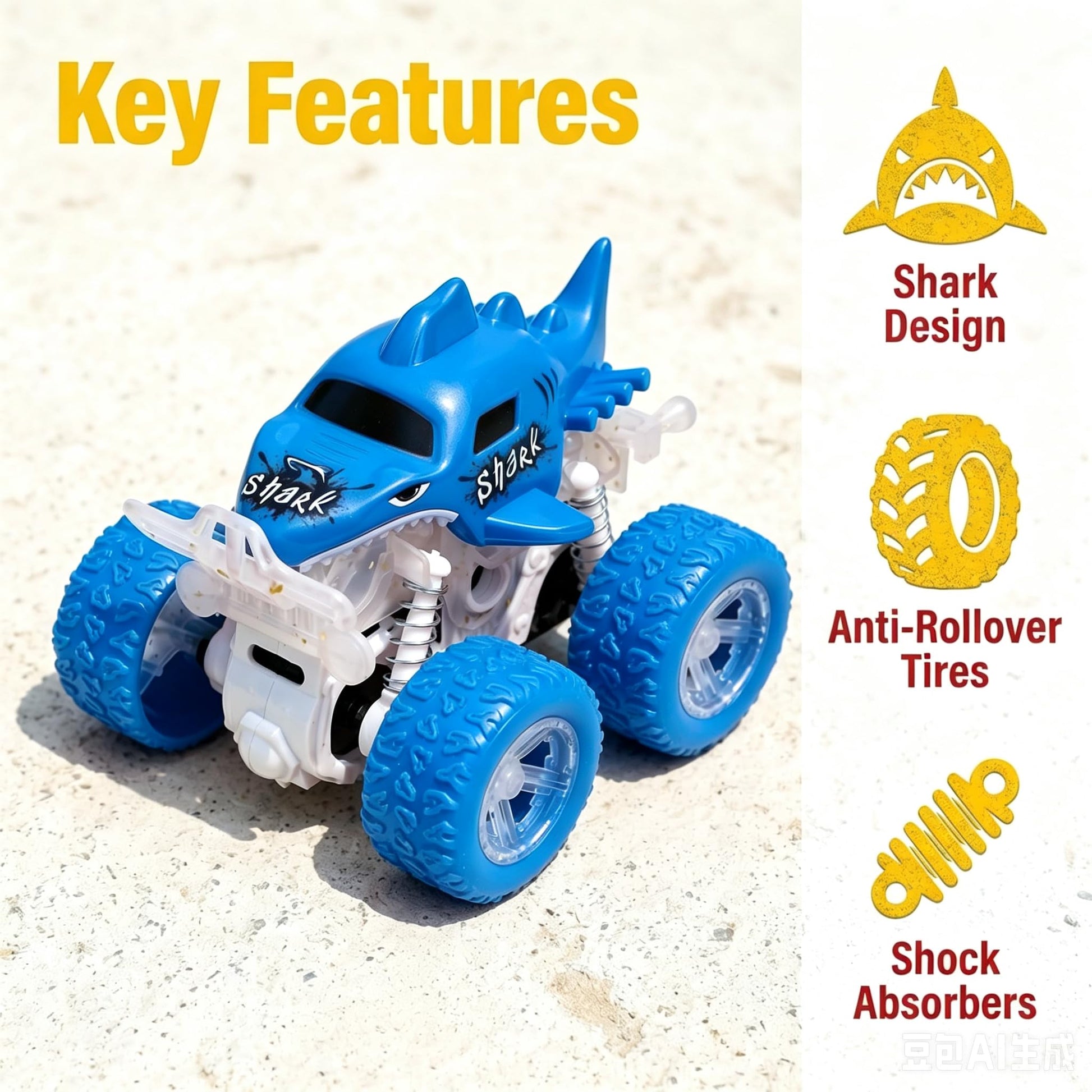 ZJYFPP Light-Up Shark Monster Truck Toys - Double-Directions Inertia Pull Back Vehicle - Birthday Gift for Toddlers, Boys & Girls Ages 3+ - Durable