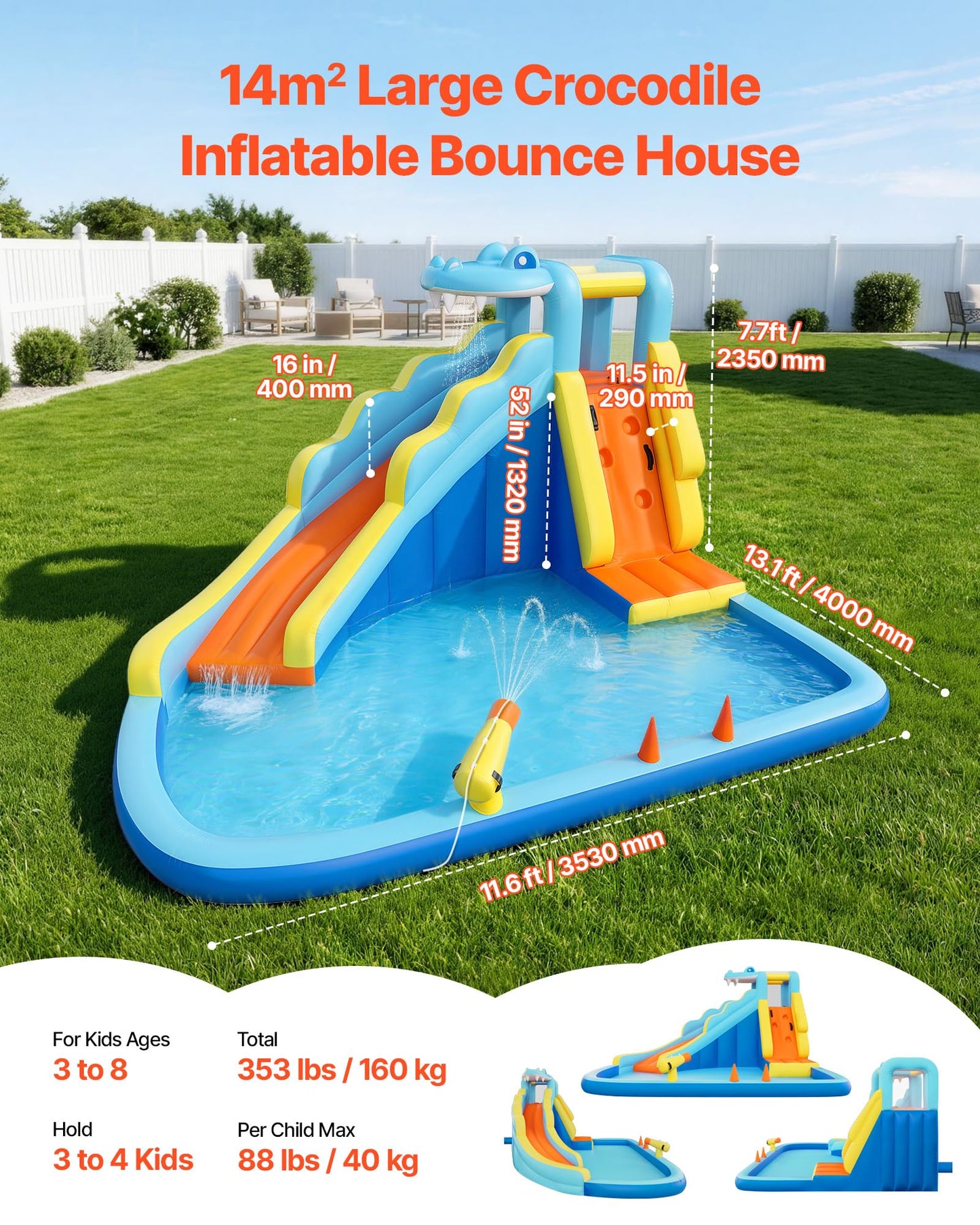 VEVOR Inflatable Crocodile Bounce House with Blower, Spacious 6-in-1 Kids Water Park with Slide, Splash Pool, Water Cannon, Ring Toss & Climbing Wall