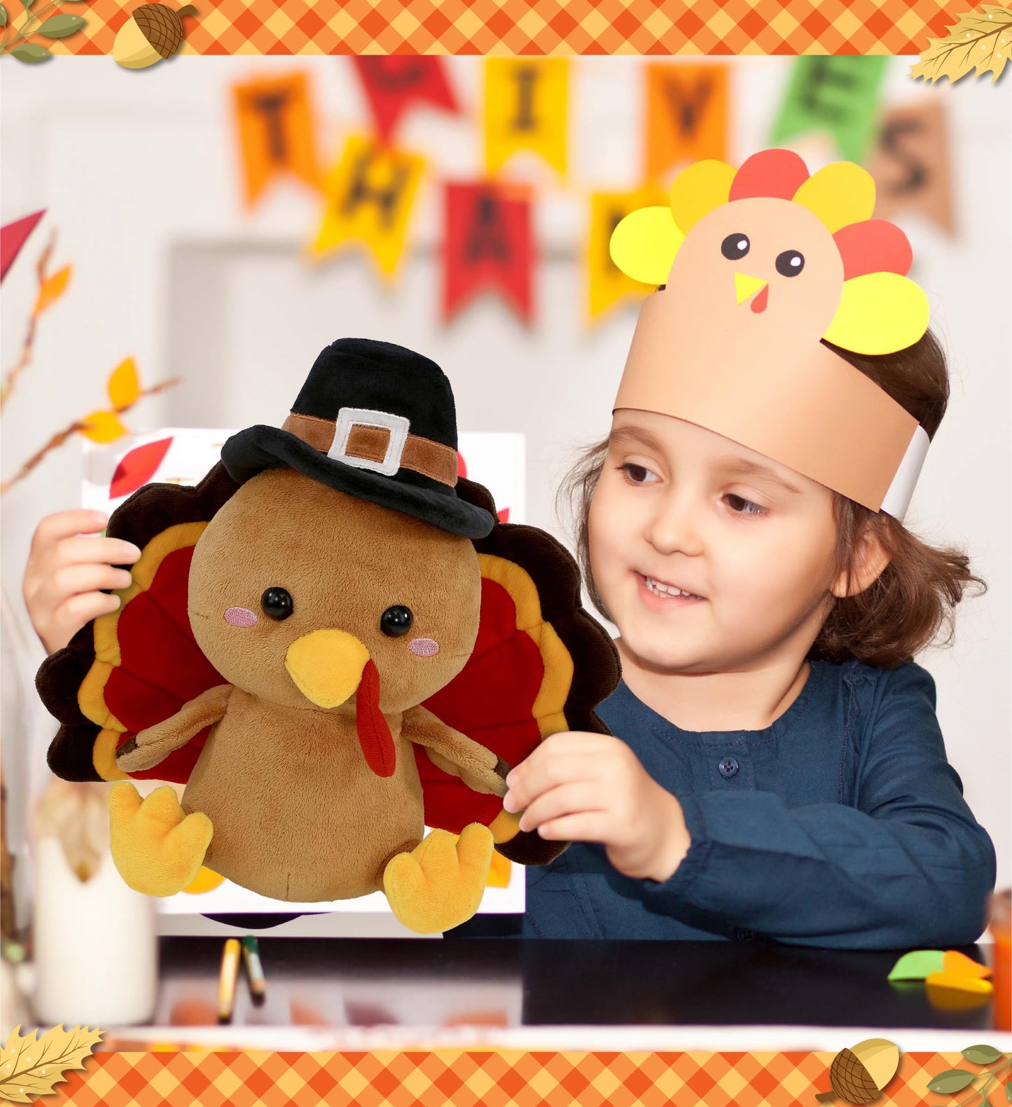 DolliBu Super Soft Pilgrim Turkey Stuffed Animal - Cute Thanksgiving Plush Toy to Give Thanks, Fall Harvest Decor Table Centerpiece - 10 Inches