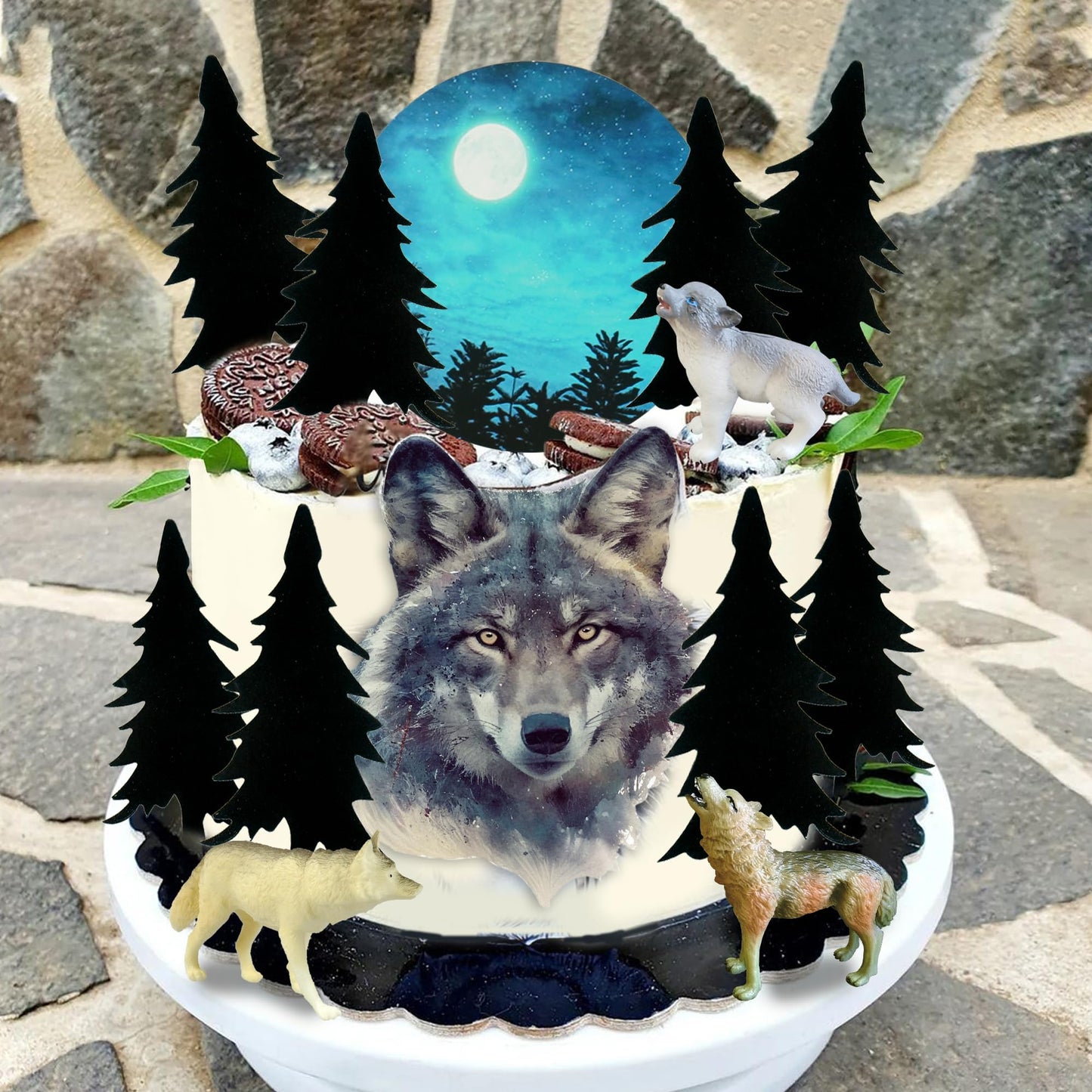 13 PCS Wolf Cake Topper Full Moon Cake Decor with Animal Figurine Wolf Themed Wedding Birthday Cake Decorations (Gray)