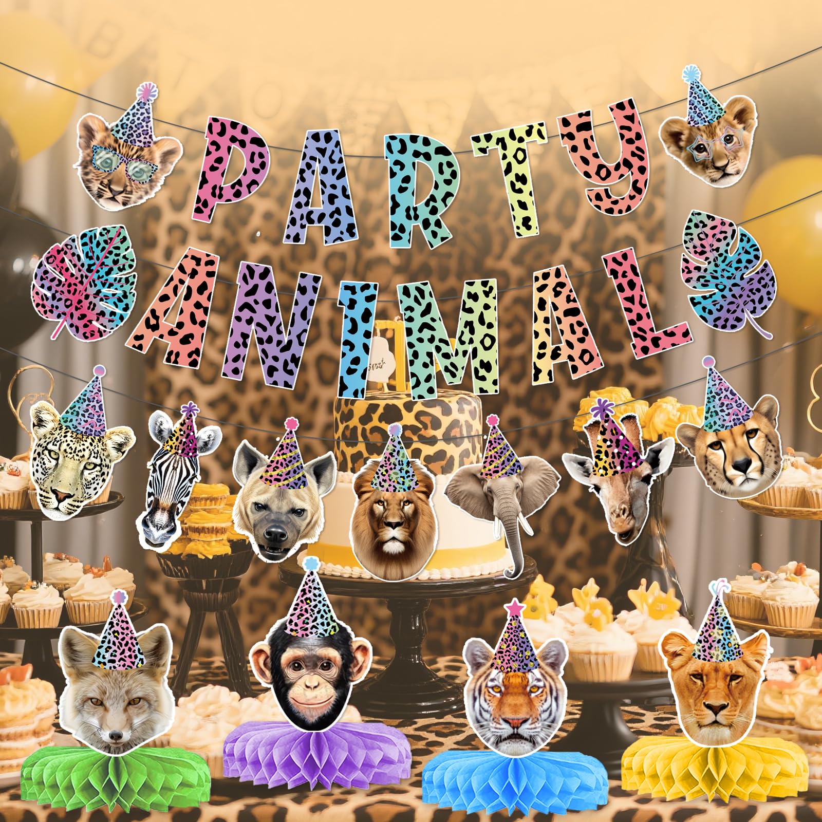 Neon Party Animal Banner Garland Centerpieces, Party Animal Birthday Decorations, Cheetah Print Party Decorations for Safari Jungle Leopard Birthday