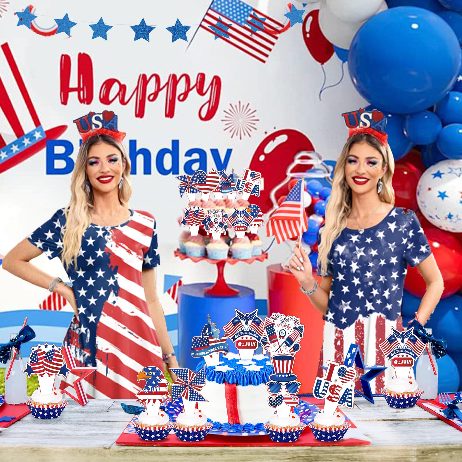 4th of July Cupcake Toppers Independence Day Theme Party Decorations