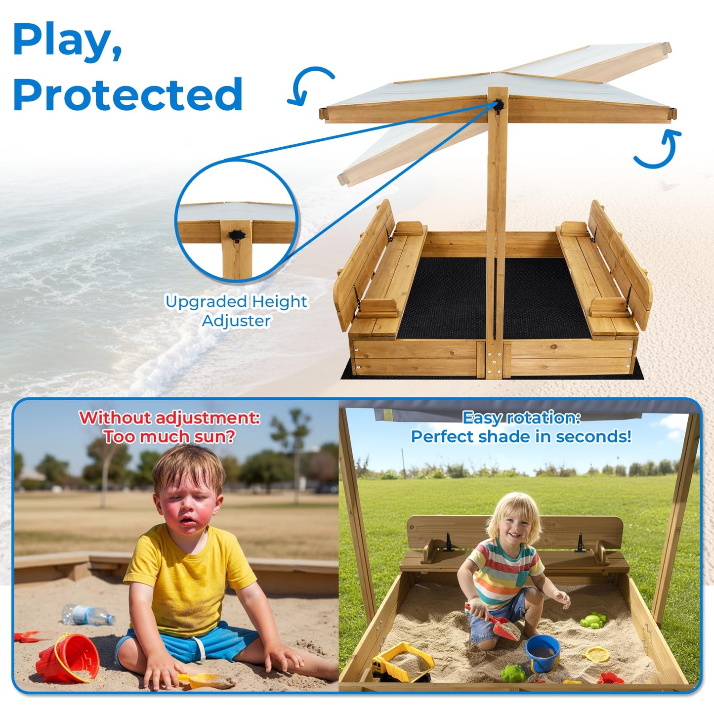 Mayugardening Large Wooden Kids Sandbox with Lid, Outdoor Weatherproof Sand Box with Covers, 2 Foldable Benches, Adjustable Height Canopy, Gift