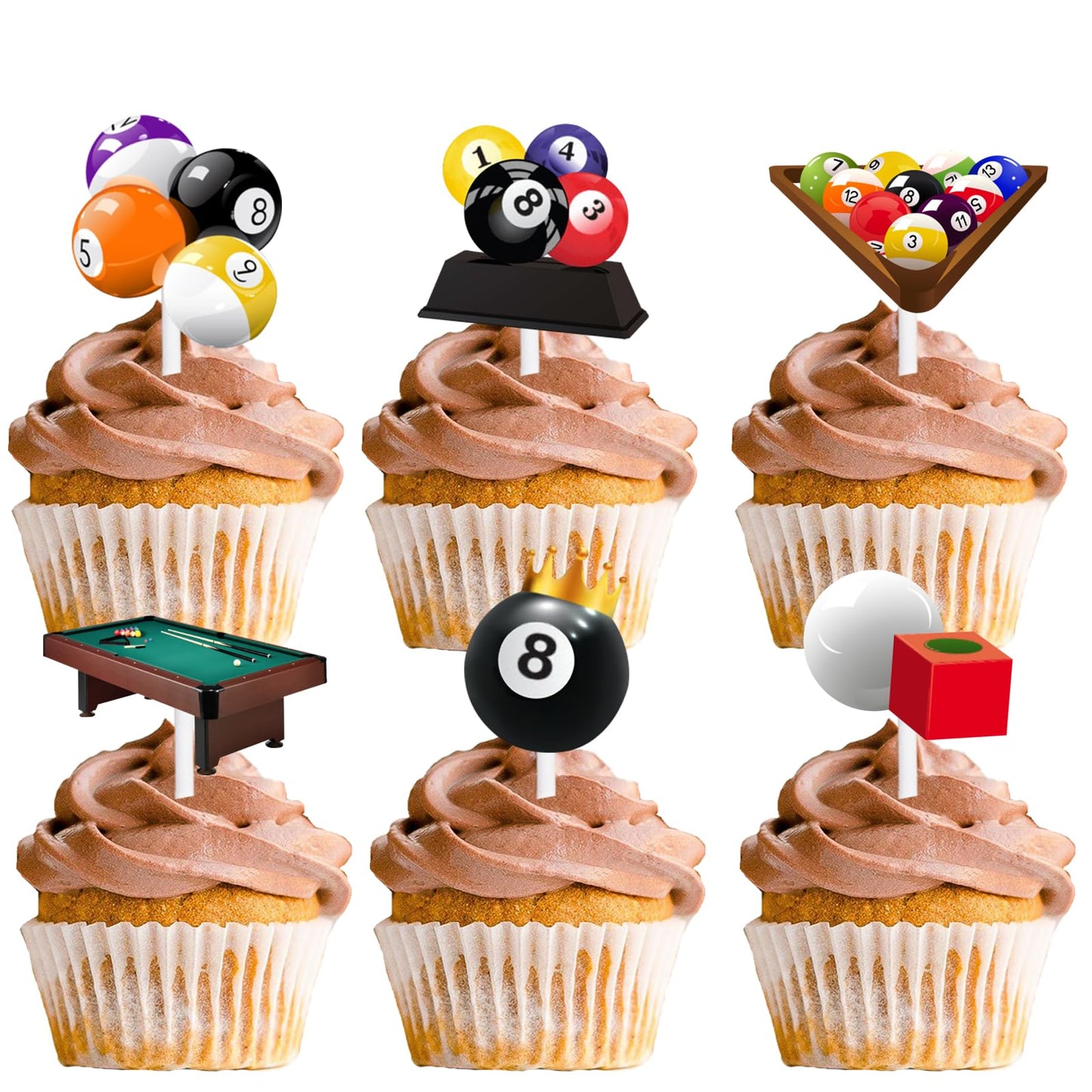 18pcs Glitter Billiards Dessert Cupcake Topper Sport Pool Ball Theme Decor Supplies Men Women Happy Birthday Decorations