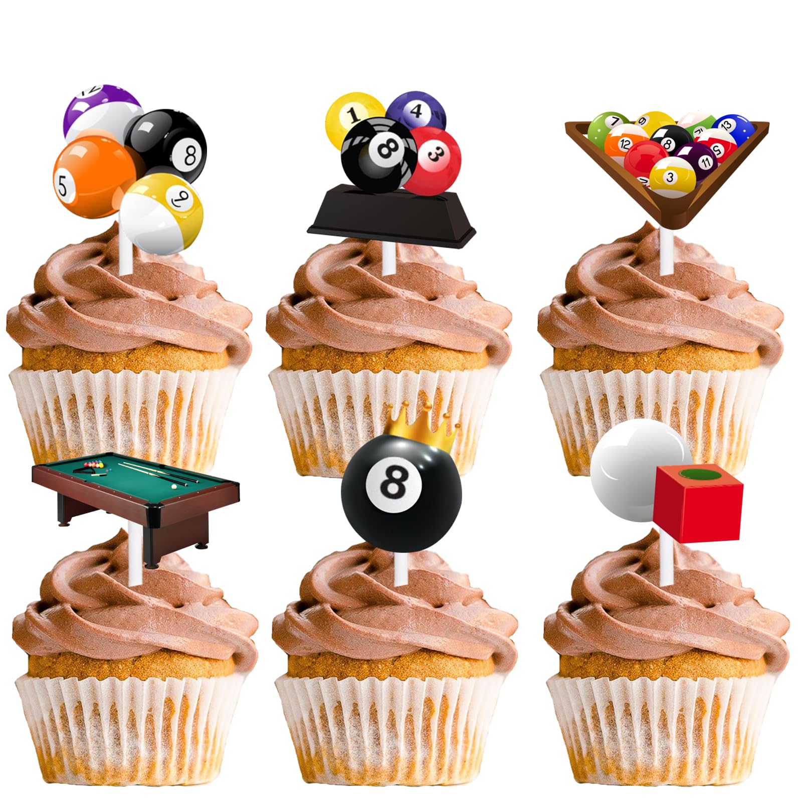 18pcs Glitter Billiards Dessert Cupcake Topper Sport Pool Ball Theme Decor Supplies Men Women Happy Birthday Decorations