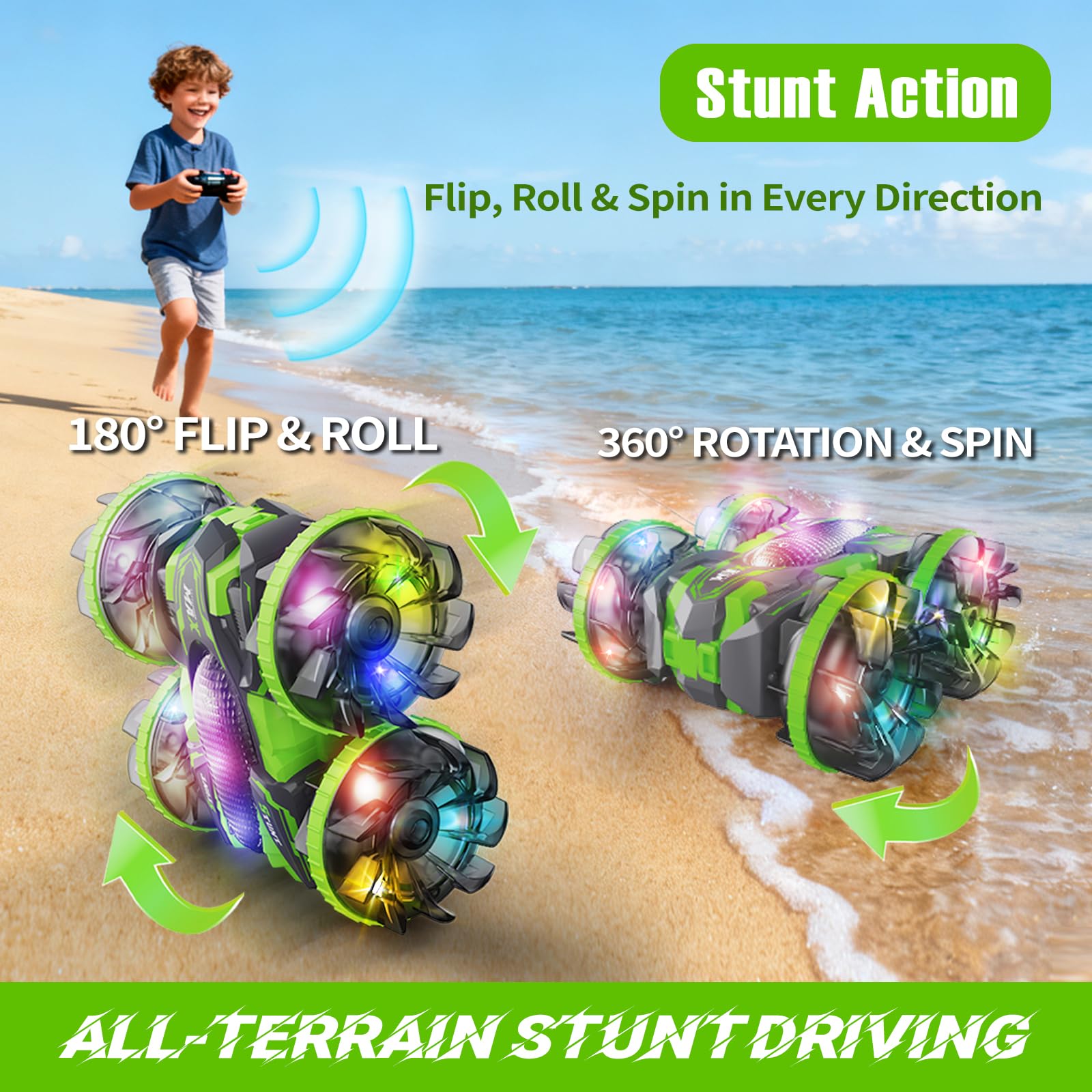MOMONOVA Amphibious RC Stunt Car for Kids 4-12, Waterproof Remote Control Car with Colorful LED Wheels, 4WD Double-Sided 360° Flips, Car Toy for Pool