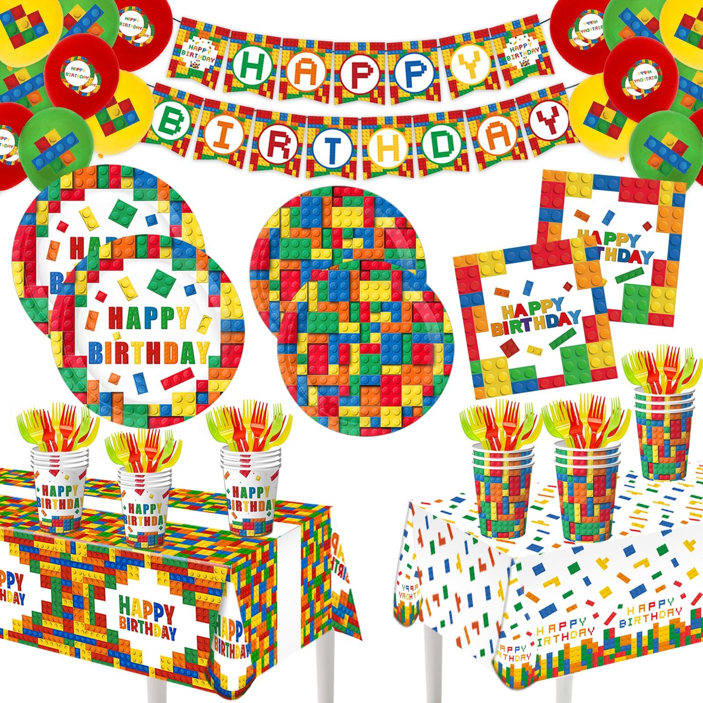 Building Block Party Plates Building Block Birthday Party Supplies Decorations Serve 25 including Disposable Paper Plates Napkins, Cups, Forks