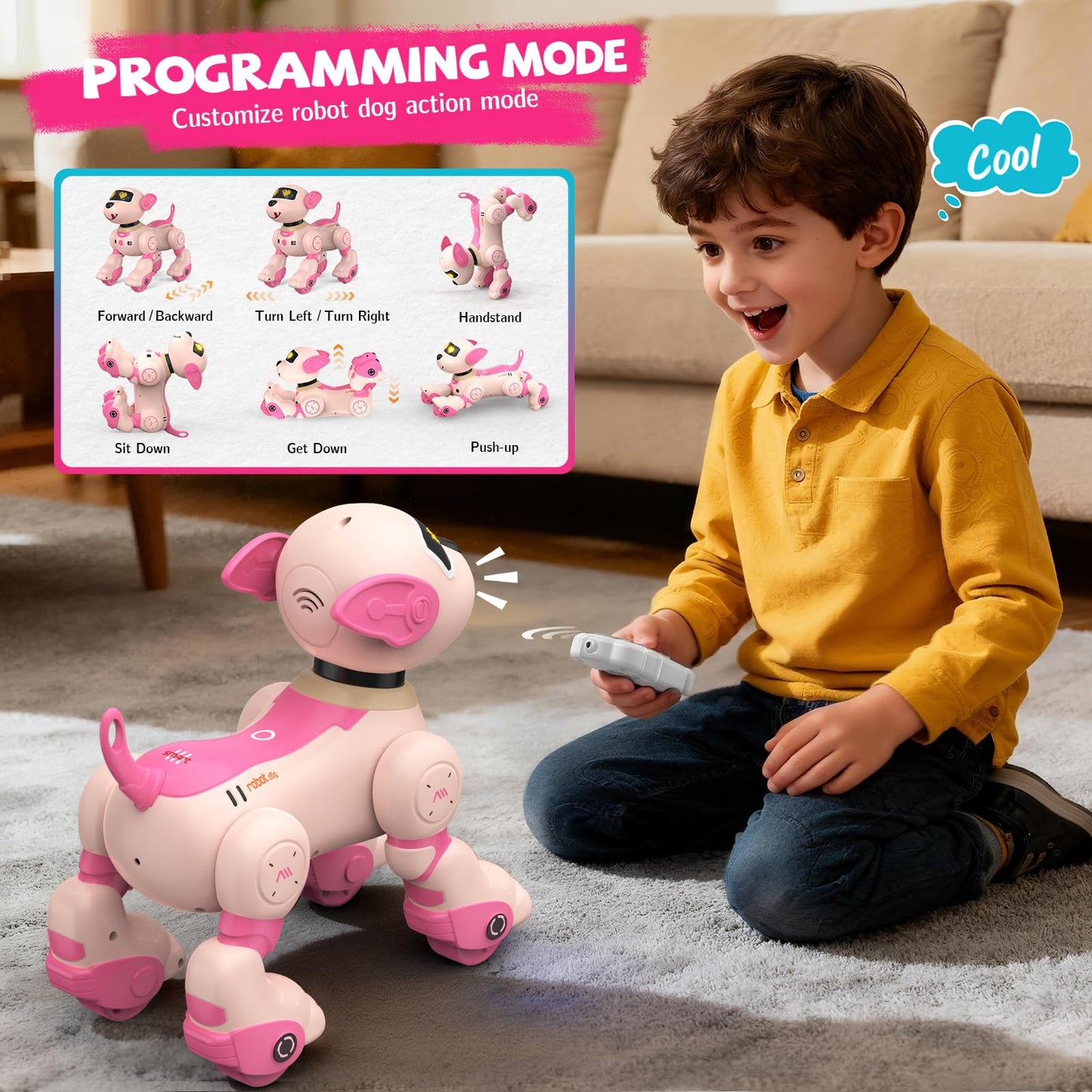 PRANITE Robot Dog Toy for Kids, RC Smart Programmable Robotic Puppy Interactive Touch Music Remote Control Follow Mode Fun STEM Educational Learning