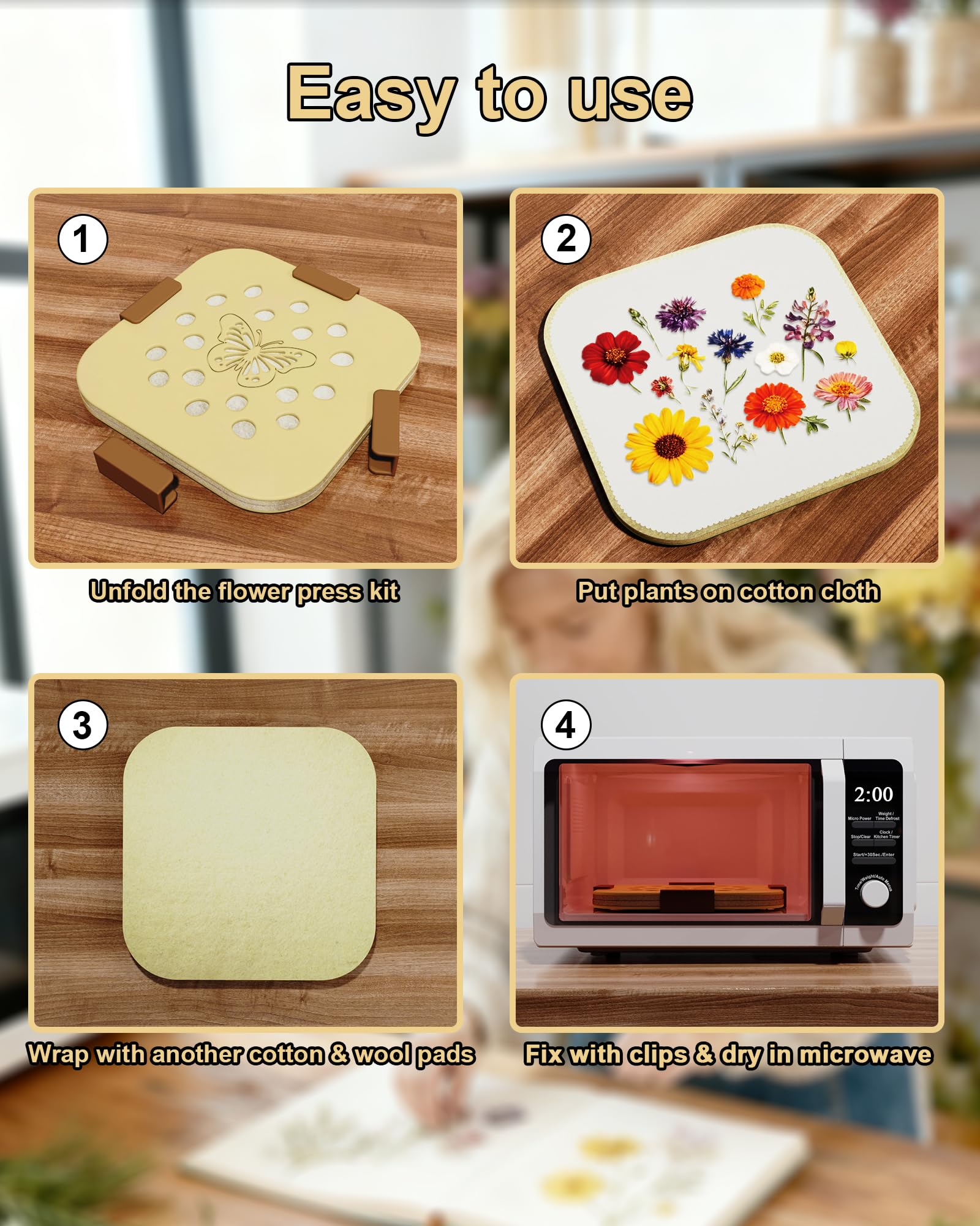 NEIGIKI Microwave Flower Press Kit, 9" Fast-Drying Flower Pressing Kit with Reusable & Washable Cloth, Vibrant Color Retention for Crafts Pressed