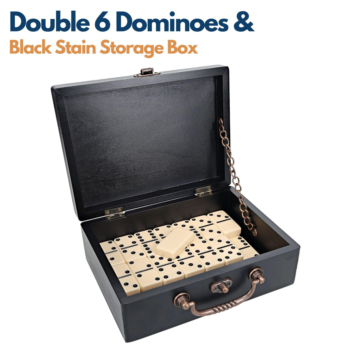 WE Games Double 6 Dominoes in Black Stained Wooden Treasure Box, Dominoes Set for Adults, Ivory Color Double Six Domino, Classic Board Games, Tile