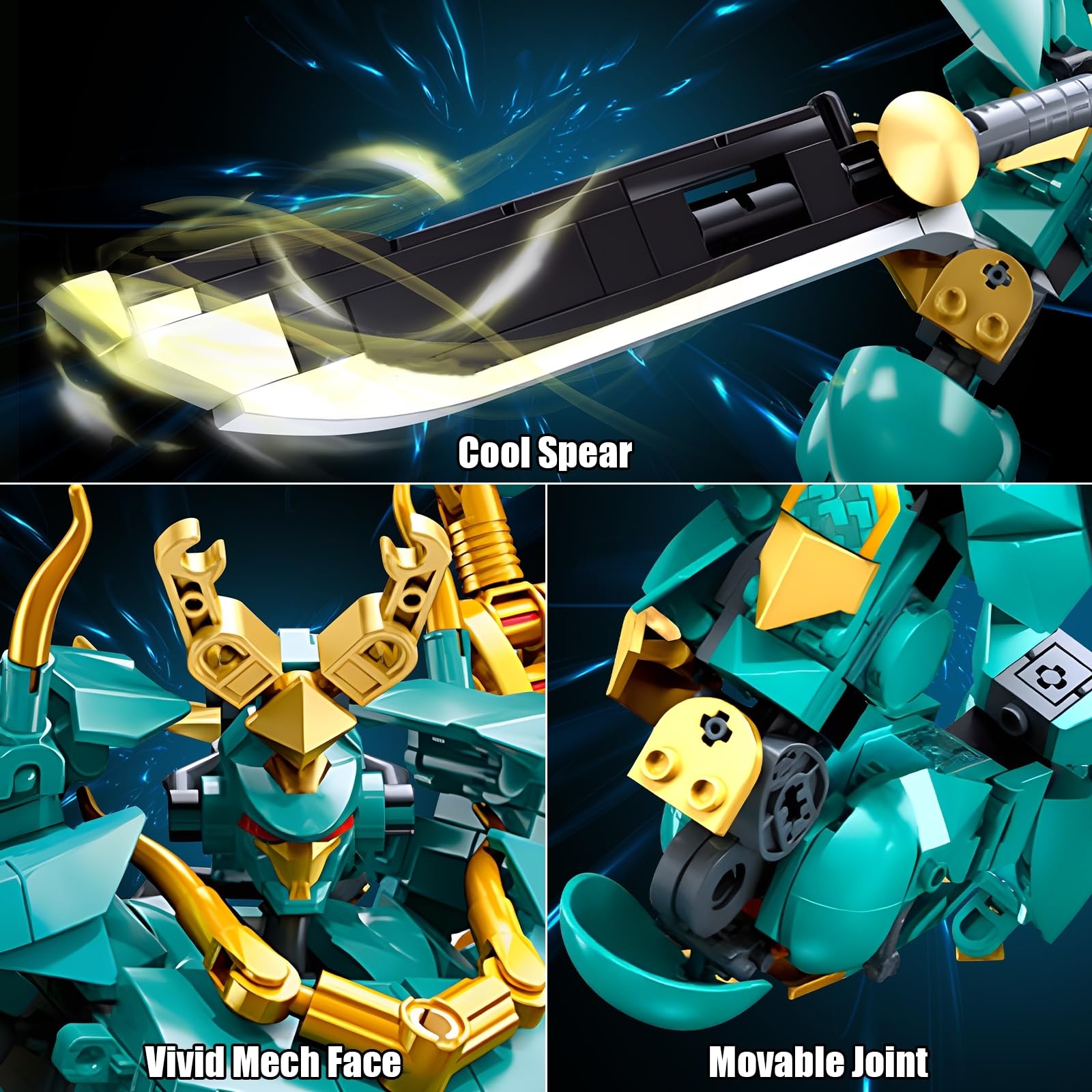HIGH GODO Mech Robot Building Blocks Set for Adults, Cool Green Dragon Warrior Model Kit with Long Spear Toy Playset, 704 Pieces Collectible Mythical