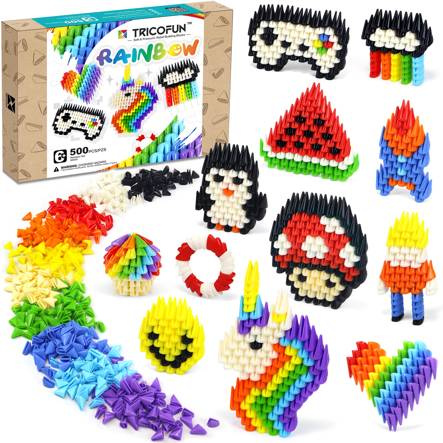 Tricofun 500PCS Rainbow Soft Silicone Building Blocks - STEM Educational Toys for Kids Age 6-12, Stress Relief Fidget Blocks for Boys & Girls