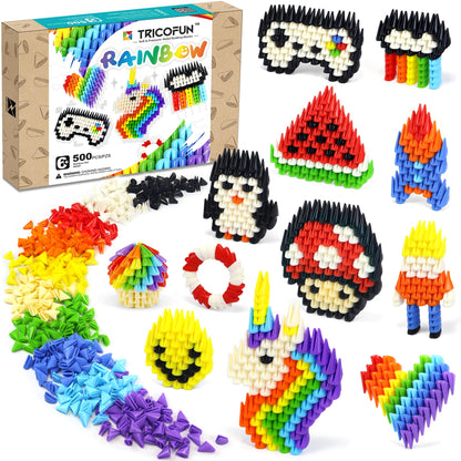 Tricofun 500PCS Rainbow Soft Silicone Building Blocks - STEM Educational Toys for Kids Age 6-12, Stress Relief Fidget Blocks for Boys & Girls