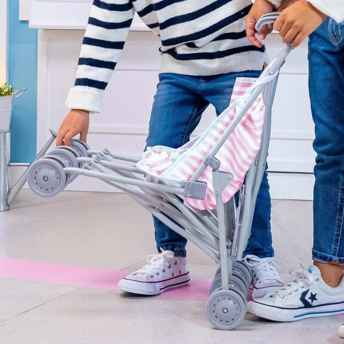 JC Toys Boutique | Twin Folding Umbrella Doll Stroller for Children 2 Years Plus, Pink Stripes and Soft Embroidery | Sturdy Metal Frame | Pretend Play