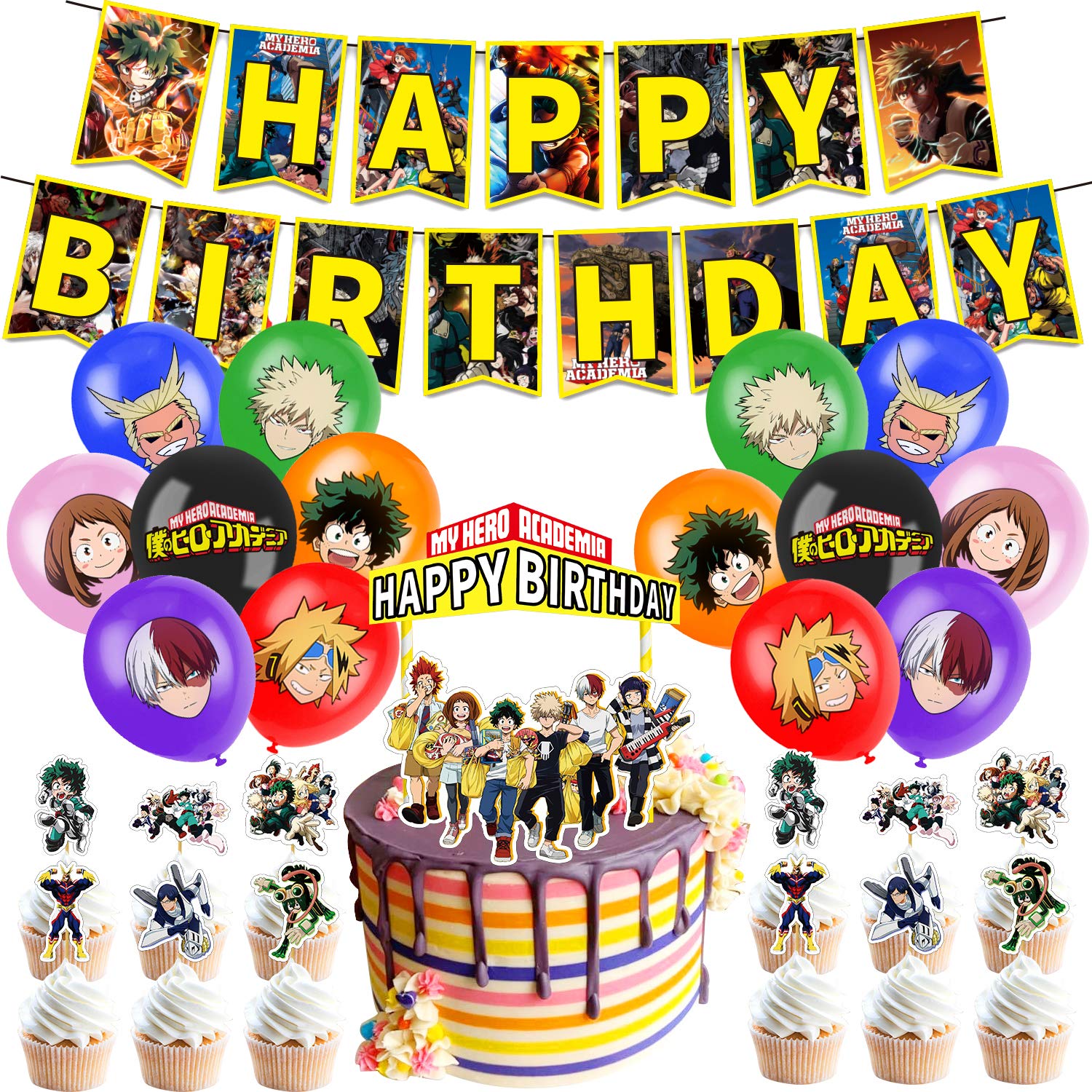 My Hero Academia Party Supplies, Birthday Decorations Set Including Balloons, Banner, Cake Toppers, Cupcake Toppers for MHA Fans Kids, MHA Theme