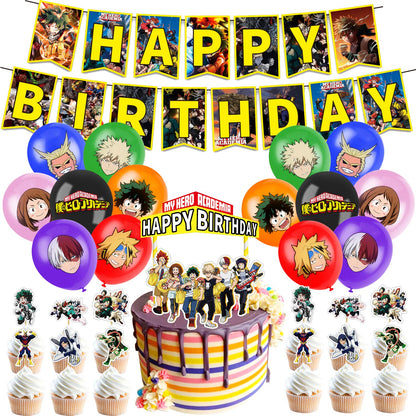 My Hero Academia Party Supplies, Birthday Decorations Set Including Balloons, Banner, Cake Toppers, Cupcake Toppers for MHA Fans Kids, MHA Theme