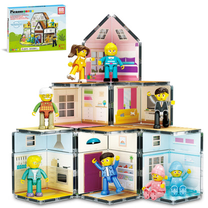 PicassoTiles Magnet Tile Building Block Family Homestead Doll House Theme Playset 8 Character Action Figures Double Sided Magnetic Tiles Printing STEM