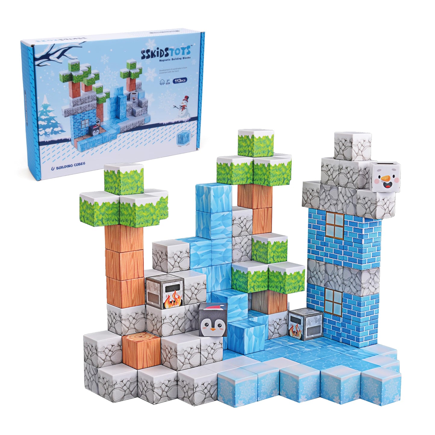 113PCS 1'' Magnetic Blocks, Magnetic Building Cube Toys for Kids, STEM Montessori Stacking, Sensory Education Toys for Toddlers Building World Set
