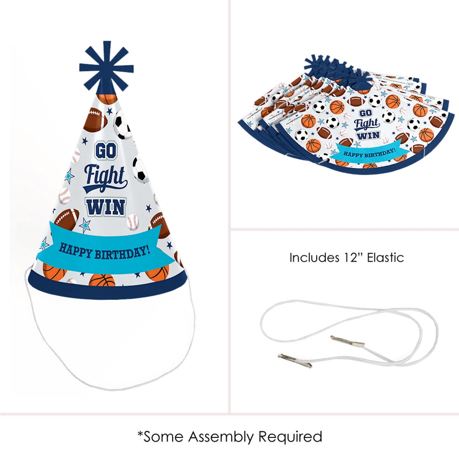Big Dot of Happiness Go, Fight, Win - Sports - Cone Happy Birthday Party Hats for Kids and Adults - Set of 8 (Standard Size)